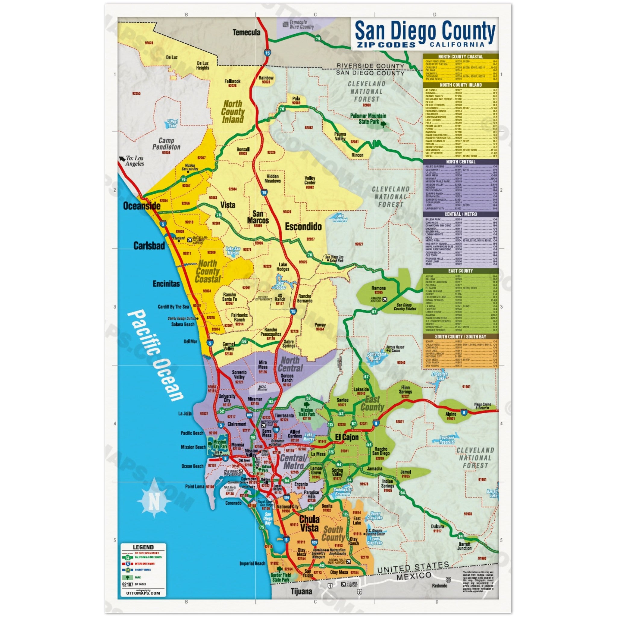 San Diego County Zip Code Map - COASTAL (Areas colorized) POSTER 