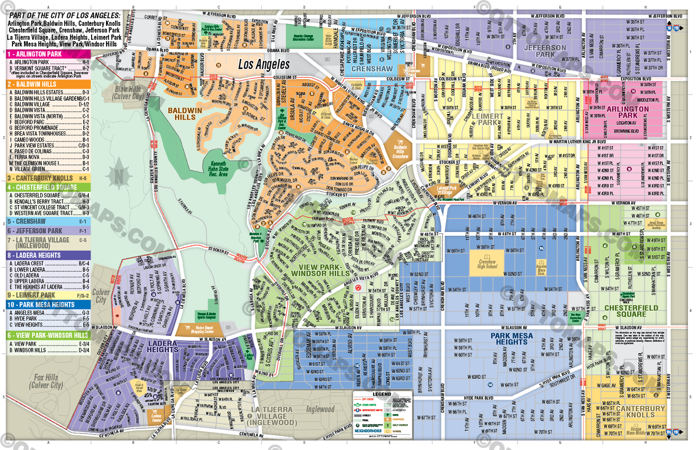 Arlington Park, Baldwin Hills, Chesterfield Square, Crenshaw, Jefferson Park, Ladera Heights, Leimert Park, Park Mesa Heights and View Park-Windsor Hills Map, Los Angeles County, CA - FILES - PDF and AI Files, editable, vector, royalty free - no box