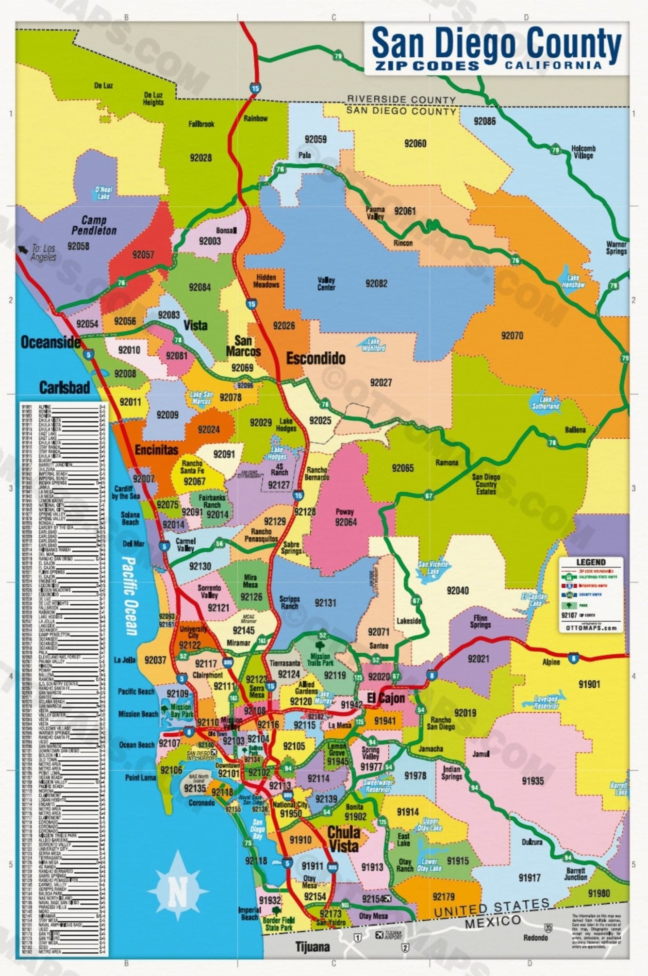 San Diego County Zip Code Map - COASTAL (Zips Colorized) - POSTER 