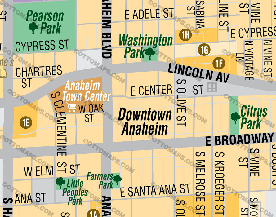 Downtown Anaheim Map, Orange County, CA - FILES - PDF and AI, editable, vector, royalty free