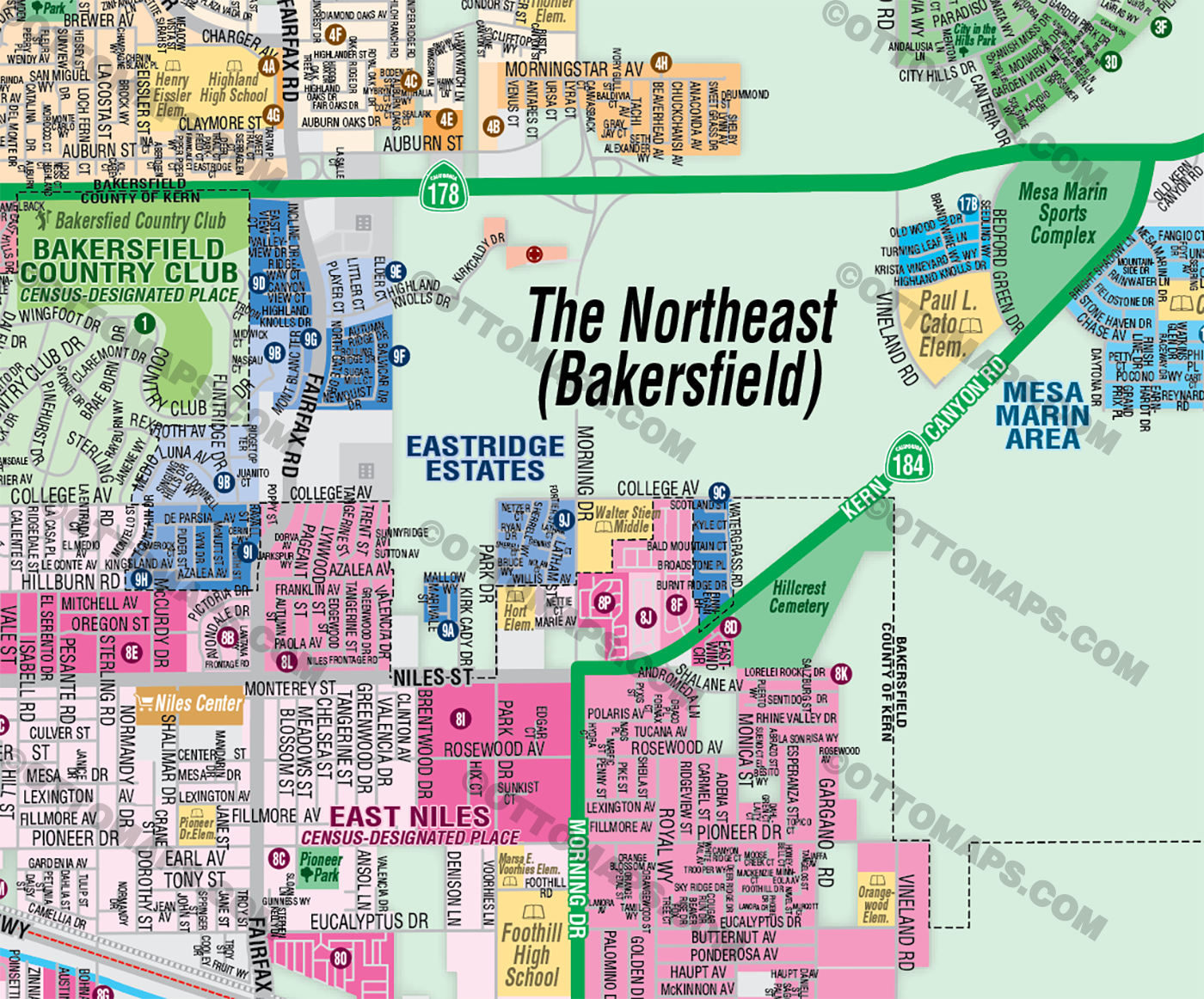 Bakersfield Map, The Northeast - Kern County, CA - FILES - PDF and AI Files, editable, vector, royalty free