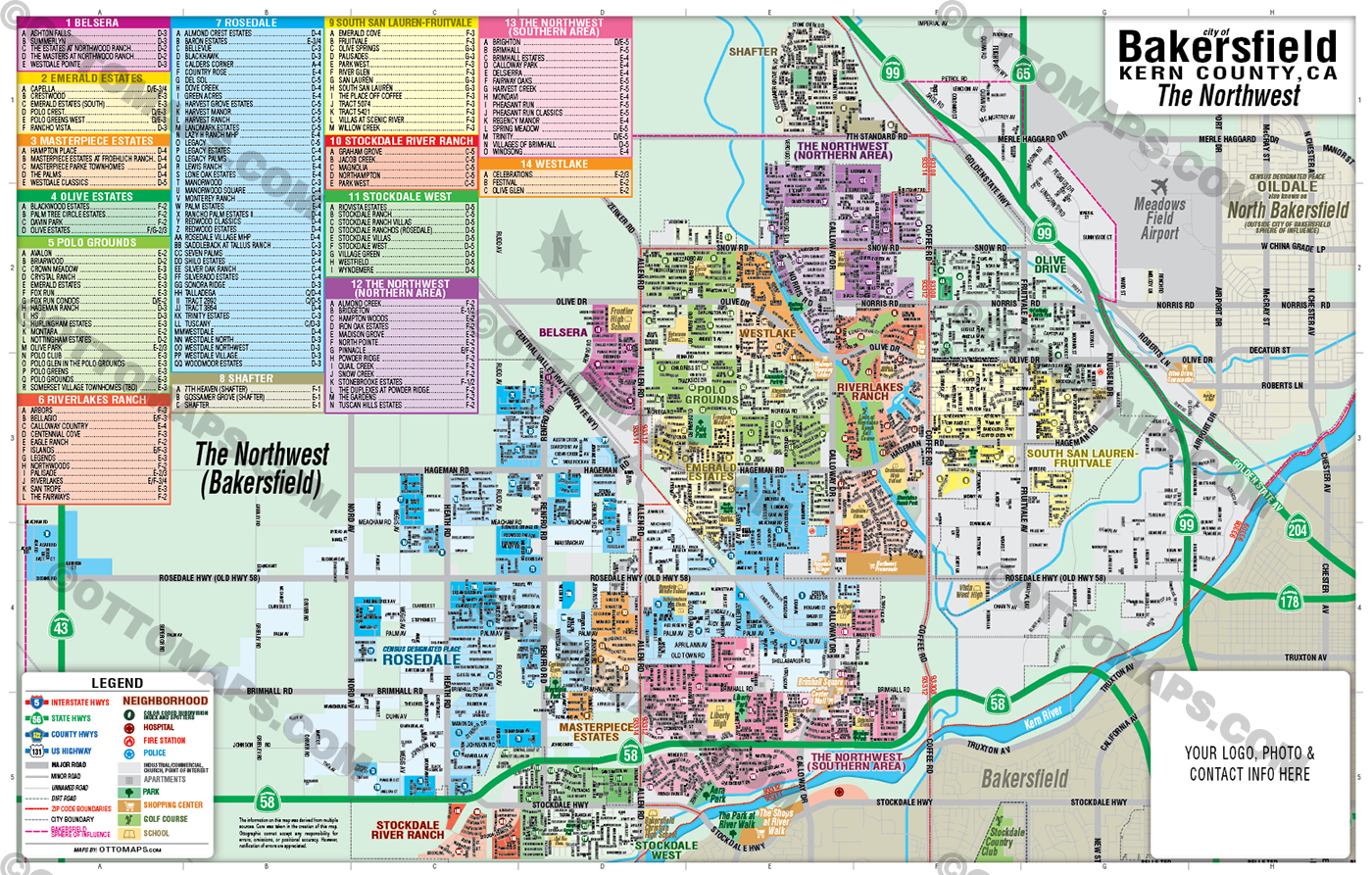 Bakersfield Map, The Northwest - Kern County, CA - FILES - PDF and AI Files, editable, vector, royalty free
