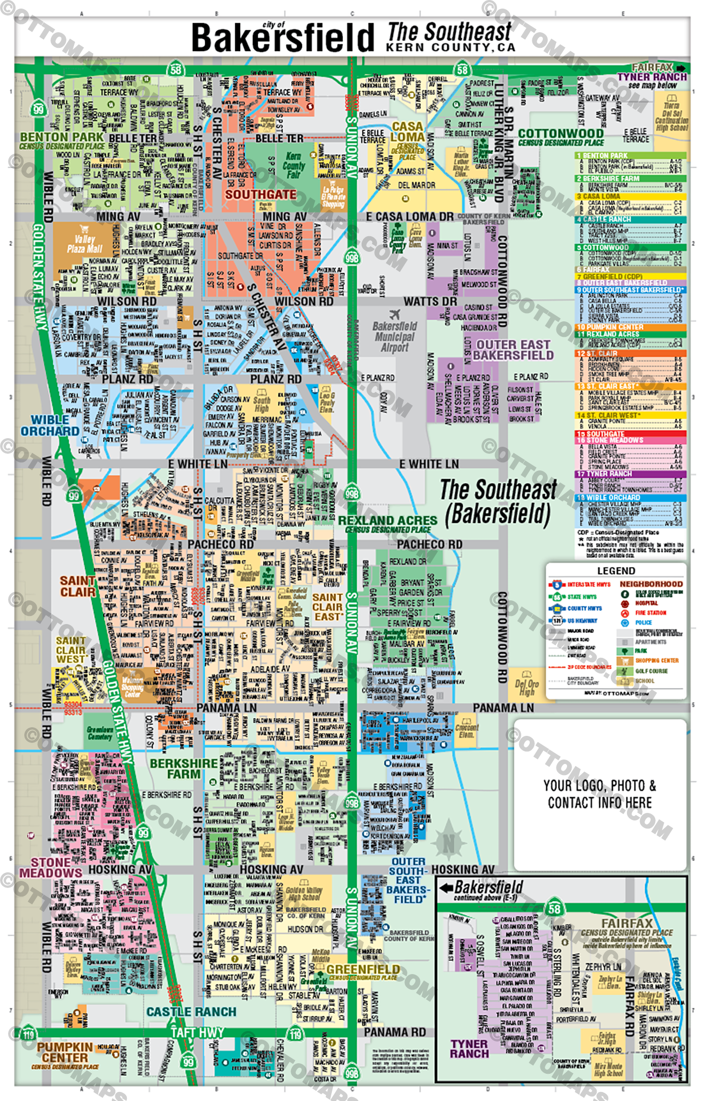 Bakersfield Map, The Southeast - Kern County, CA - FILES - PDF and AI Files, editable, vector, royalty free
