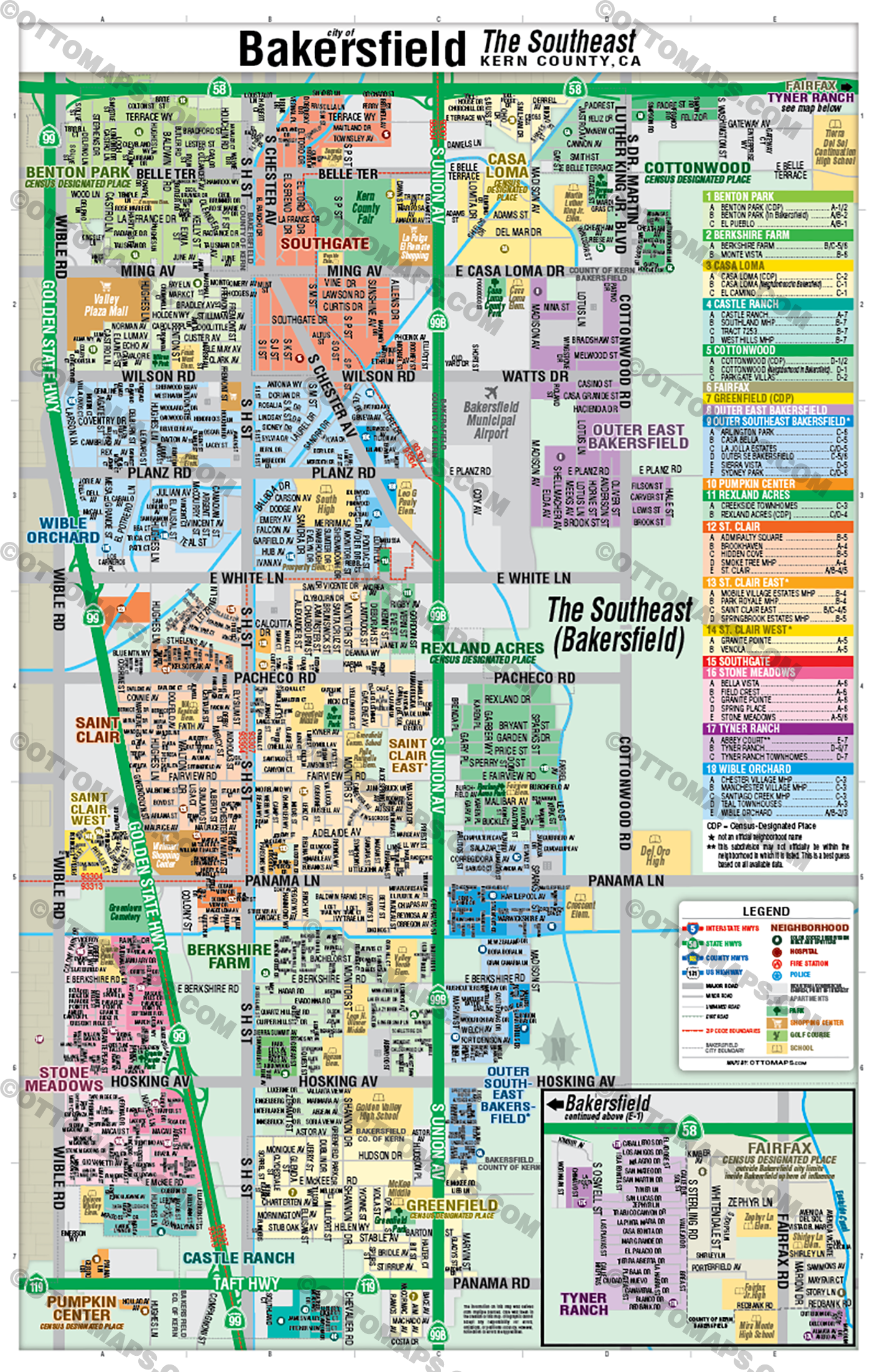 Bakersfield Map, The Southeast - Kern County, CA - FILES - PDF and AI Files, editable, vector, royalty free