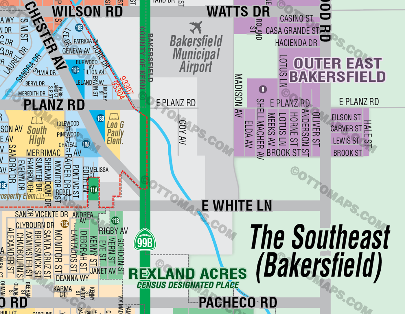 Bakersfield Map, The Southeast - Kern County, CA - FILES - PDF and AI Files, editable, vector, royalty free