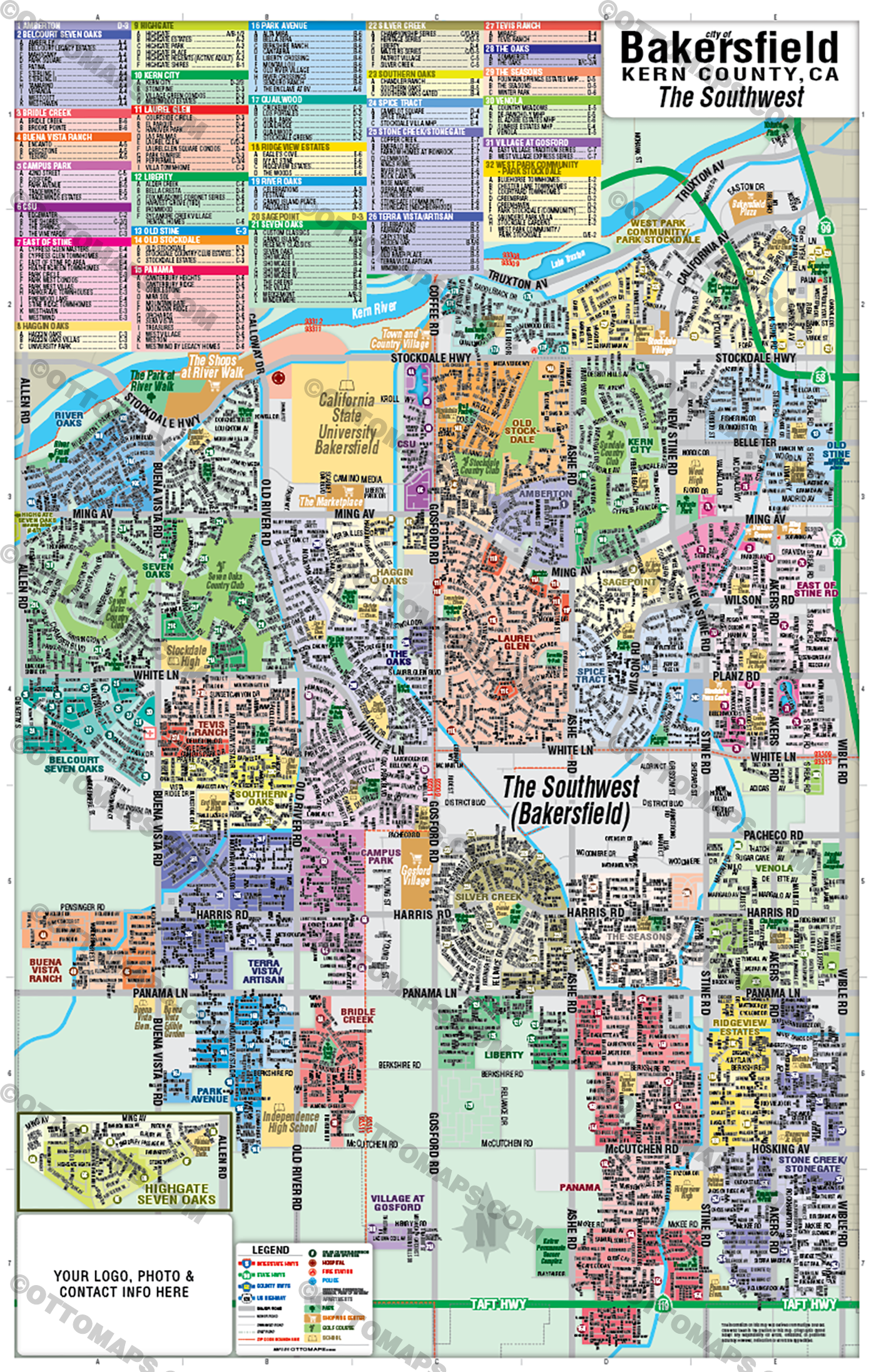 Bakersfield Map, The Southwest - Kern County, CA - FILES - PDF and AI Files, editable, vector, royalty free