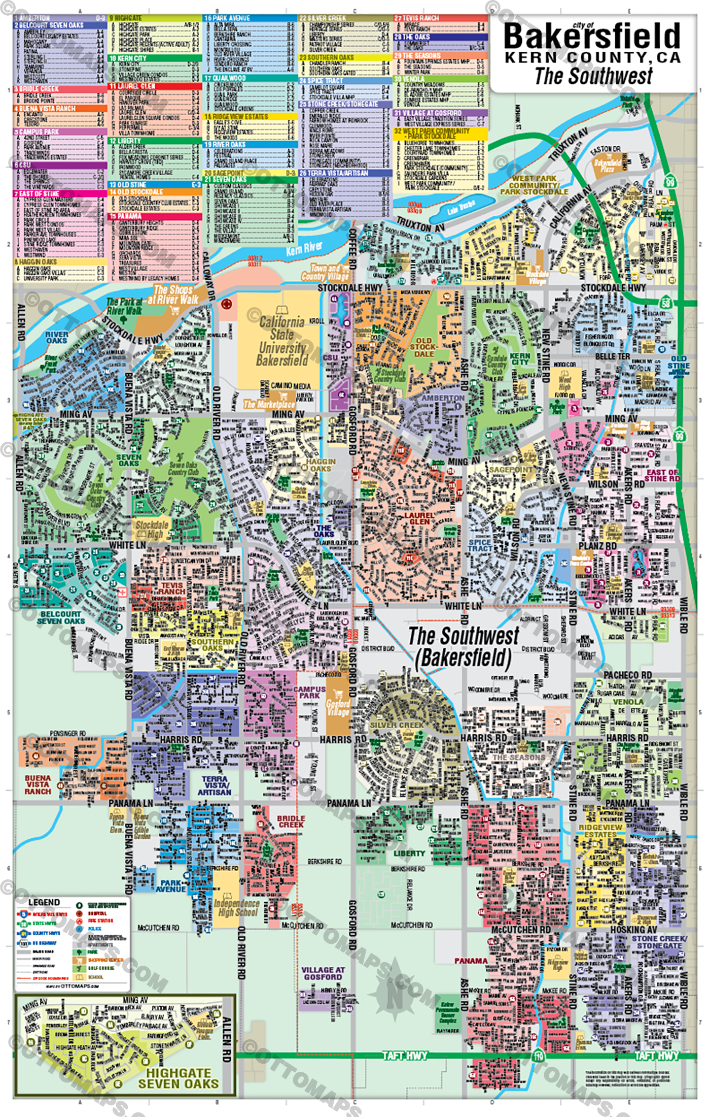 Bakersfield Map, The Southwest - Kern County, CA - FILES - PDF and AI Files, editable, vector, royalty free