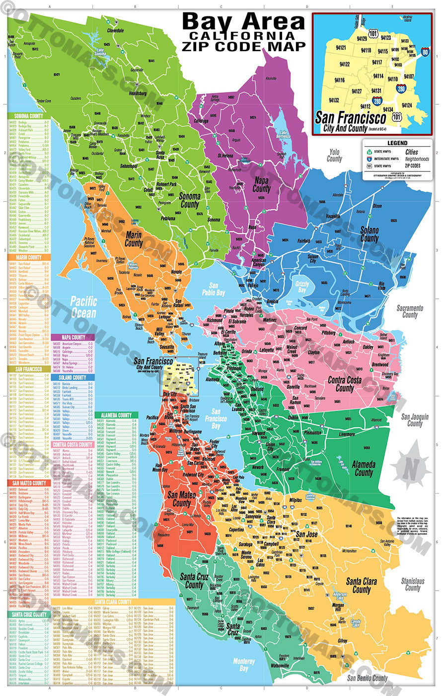 Bay Area Zip Code Map (Counties colorized) - FILES - PDF and AI Files, editable, vector, royalty free