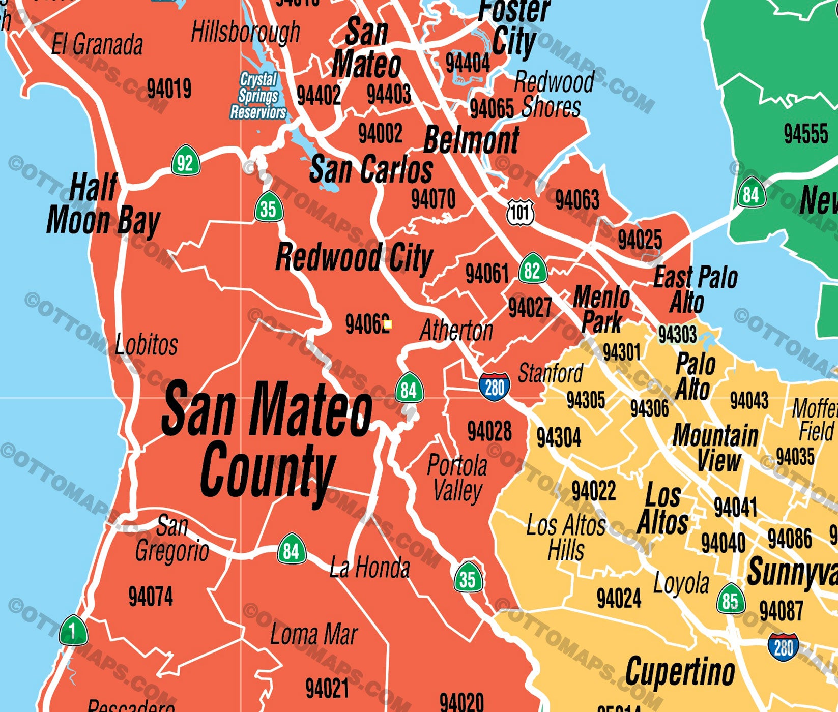 Bay Area Zip Code Map (Counties colorized) - FILES - PDF and AI Files, editable, vector, royalty free