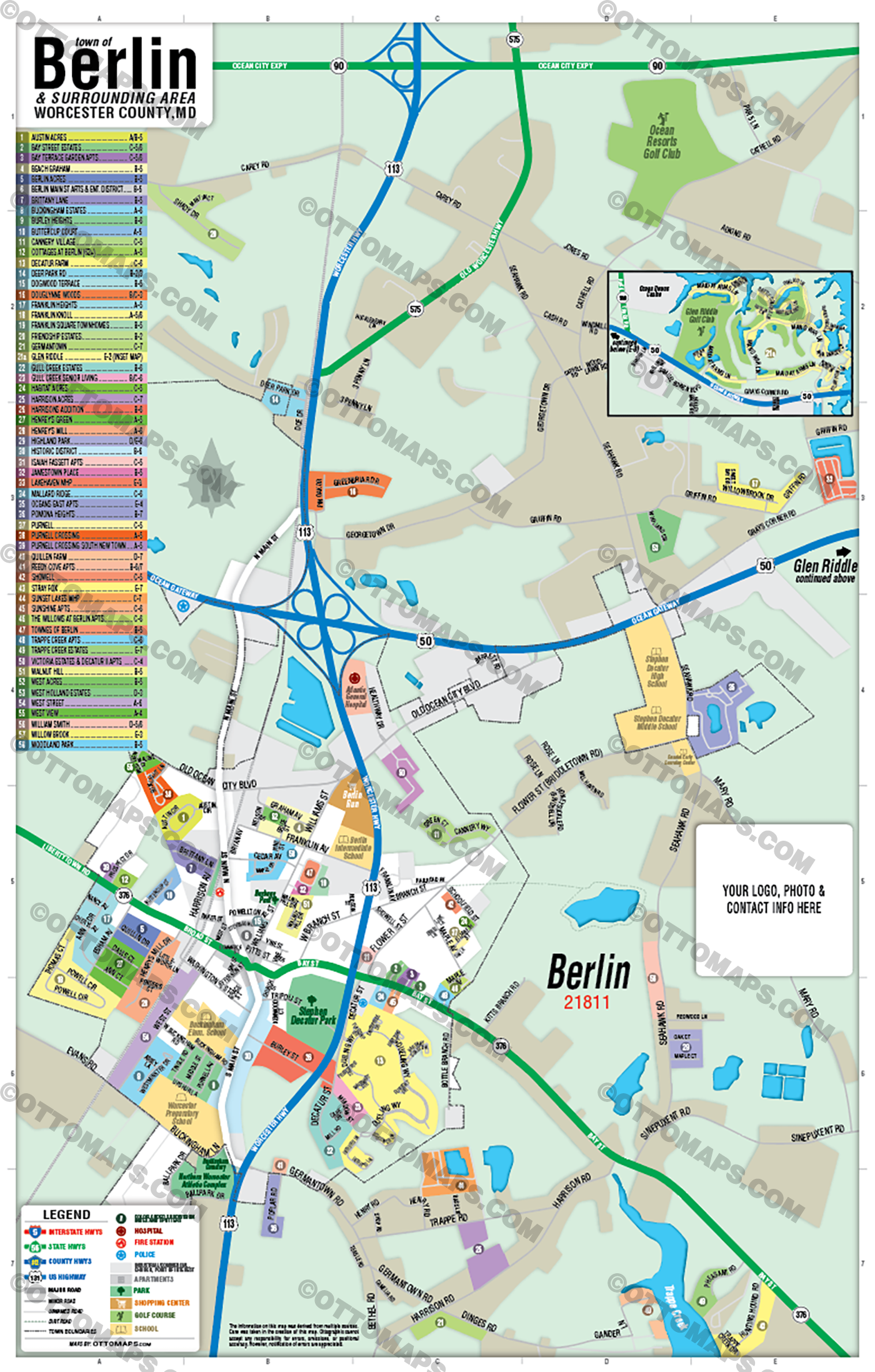 Berlin Map, Worcester County, MD - FILES - PDF and AI Files, editable, vector, royalty free with box