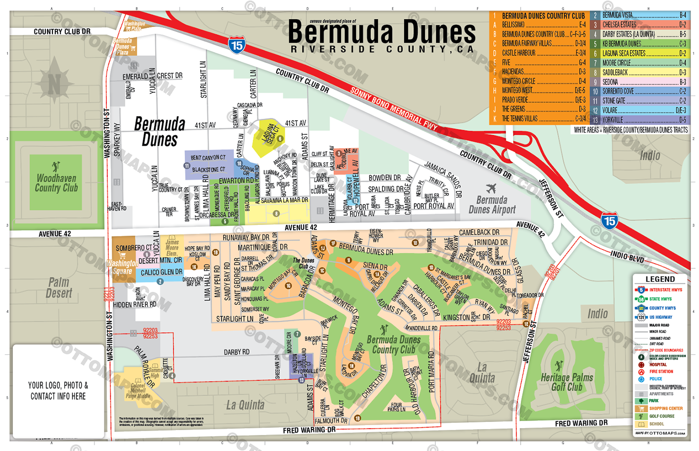 Bermuda Dunes Map, Riverside County, CA - FILES - PDF and AI, editable, vector, royalty free - with box