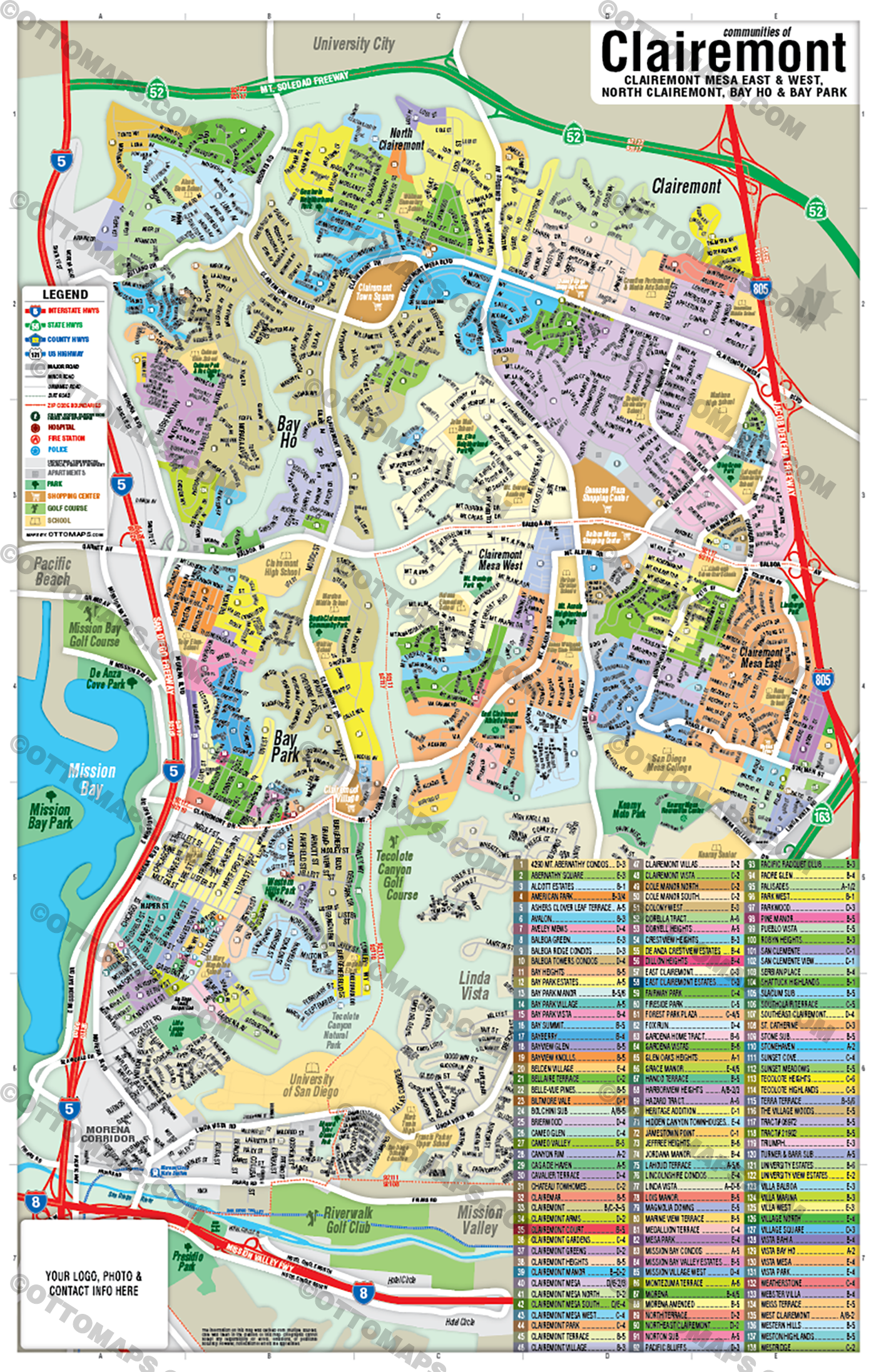 Clairemont Map, San Diego County, CA - FILES - PDF and AI, editable, vector, royalty free