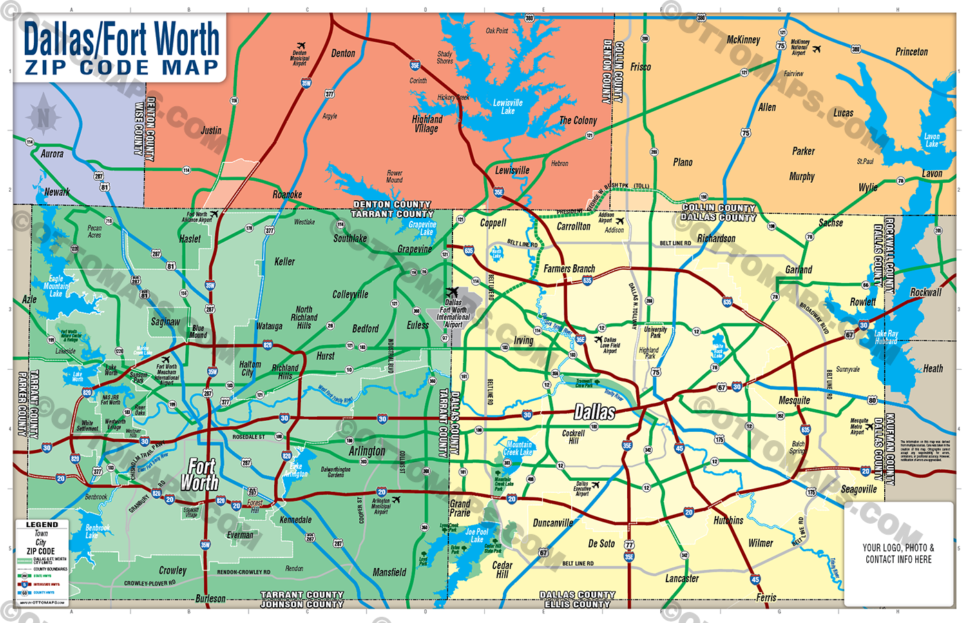 Dallas Fort Worth Map (no zip codes) - FILES - PDF and AI, layered, editable, vector, royalty free