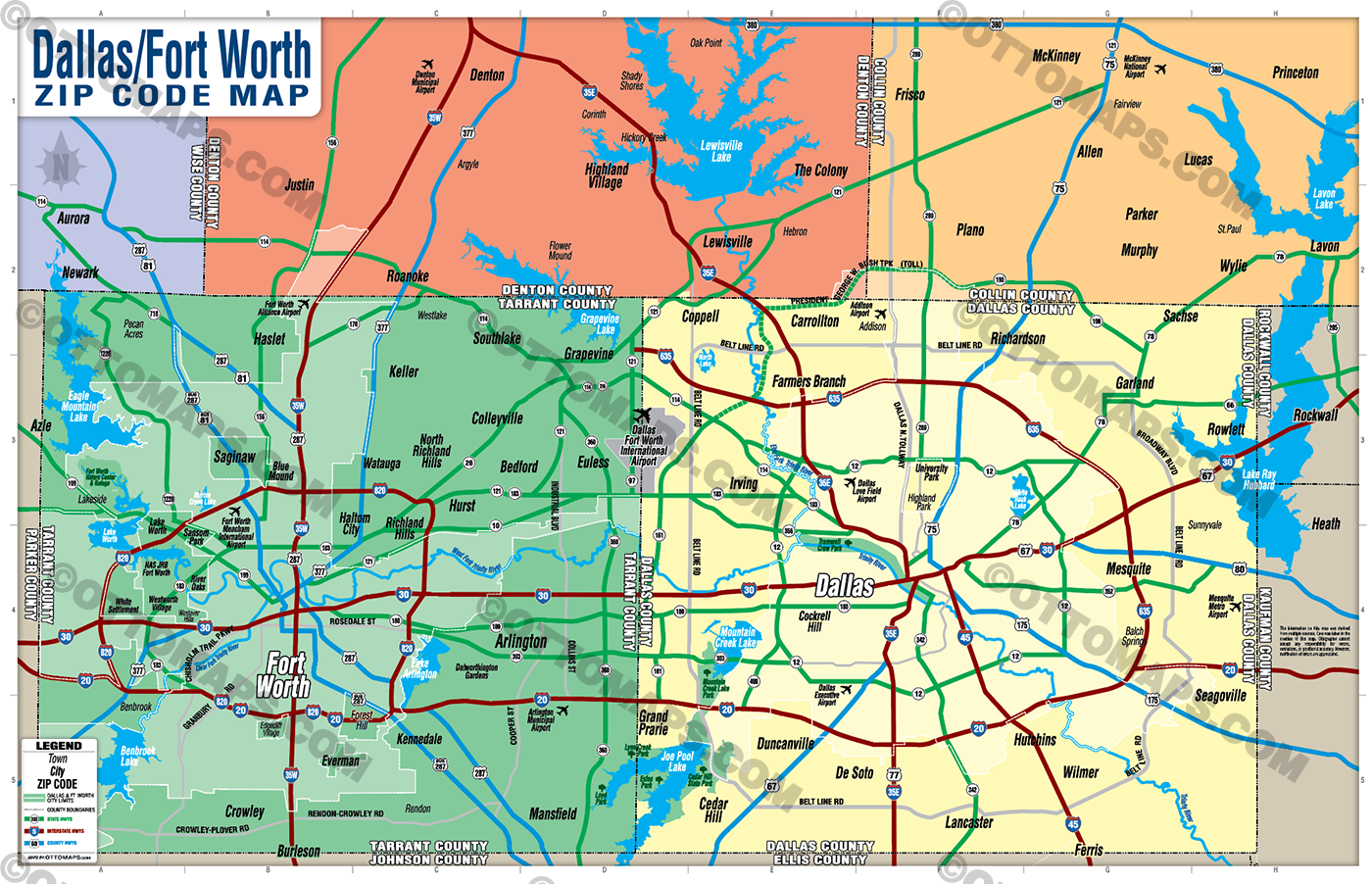 Dallas Fort Worth Map (no zip codes) - FILES - PDF and AI, layered, editable, vector, royalty free