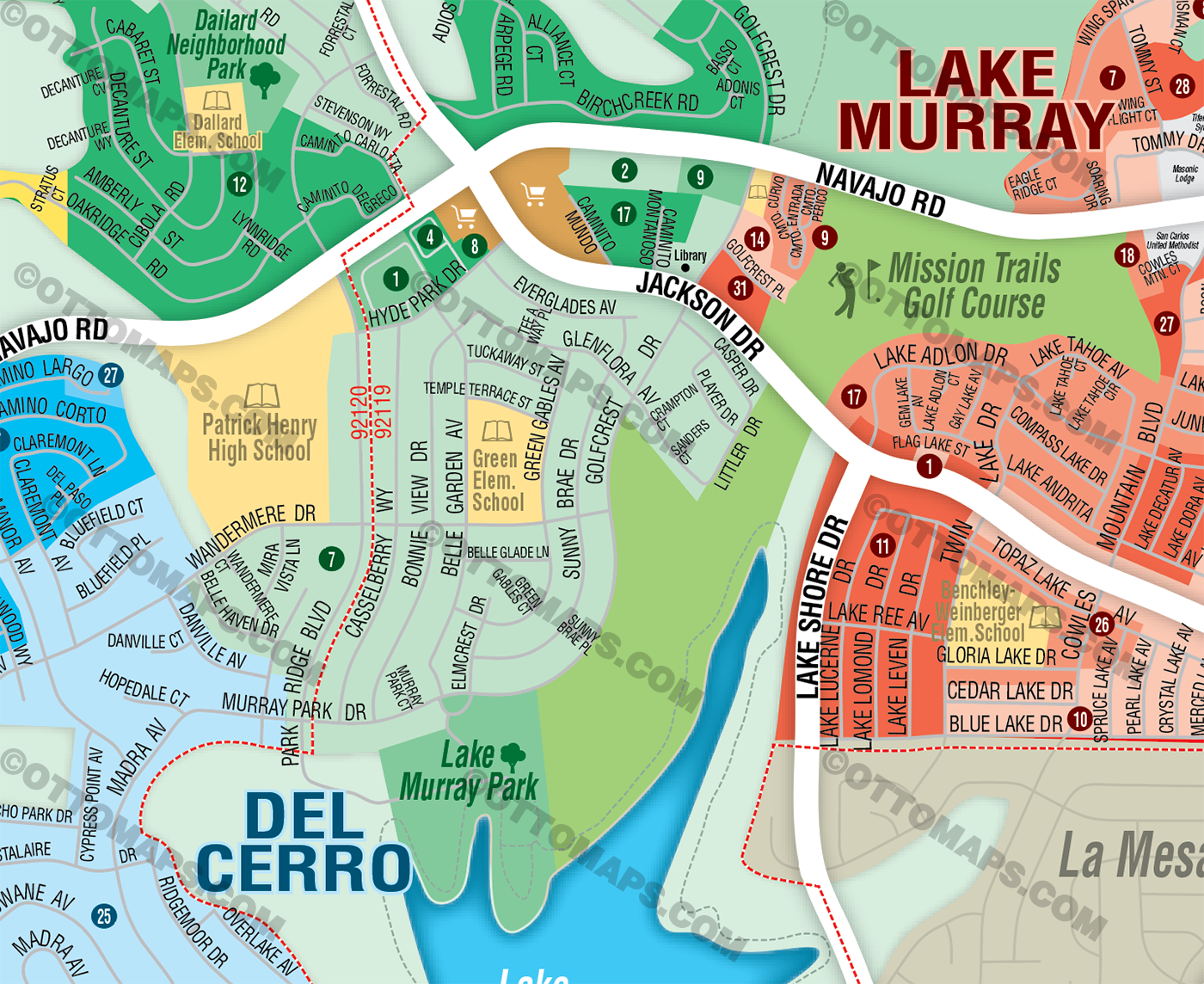 Allied Gardens, Del Cerro, San Carlos & Lake Murray Map, San Diego County, CA - FILES - PDF and AI Files, editable, vector, royalty free - Zoom