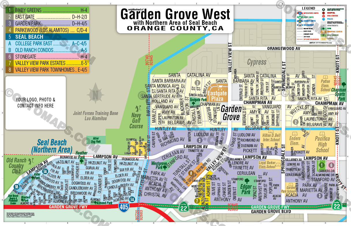 Garden Grove West Map with Northern Seal Beach - FILES - PDF and AI Files, editable, vector, royalty free
