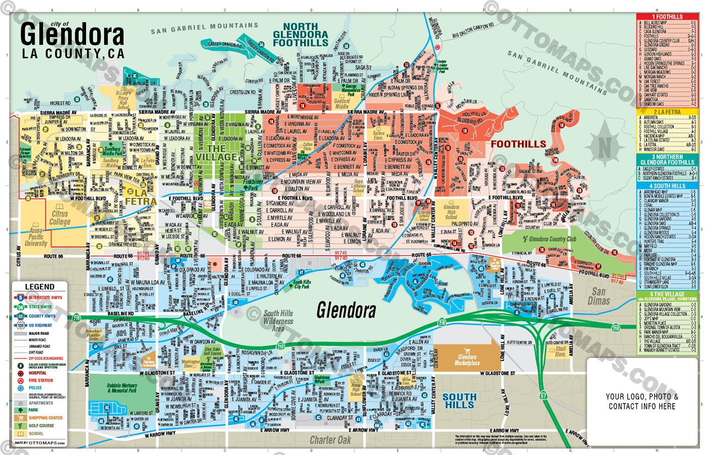 Glendora Map, Los Angeles County, CA - FILES - PDF and AI, editable, vector, royalty free