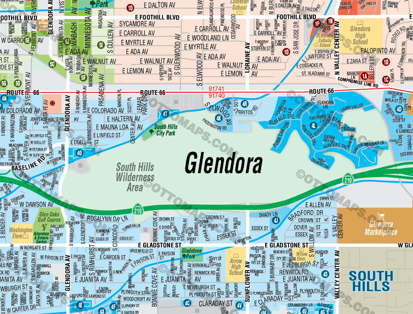 Glendora Map, Los Angeles County, CA - FILES - PDF and AI, editable, vector, royalty free