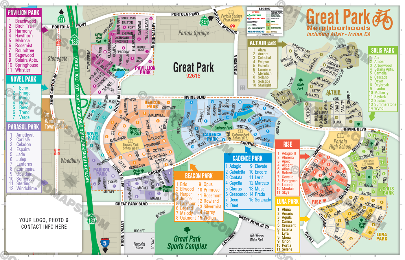Great Park Map, Irvine, CA - includes Altair - FILES - PDF and AI, editable, vector, royalty free - with box