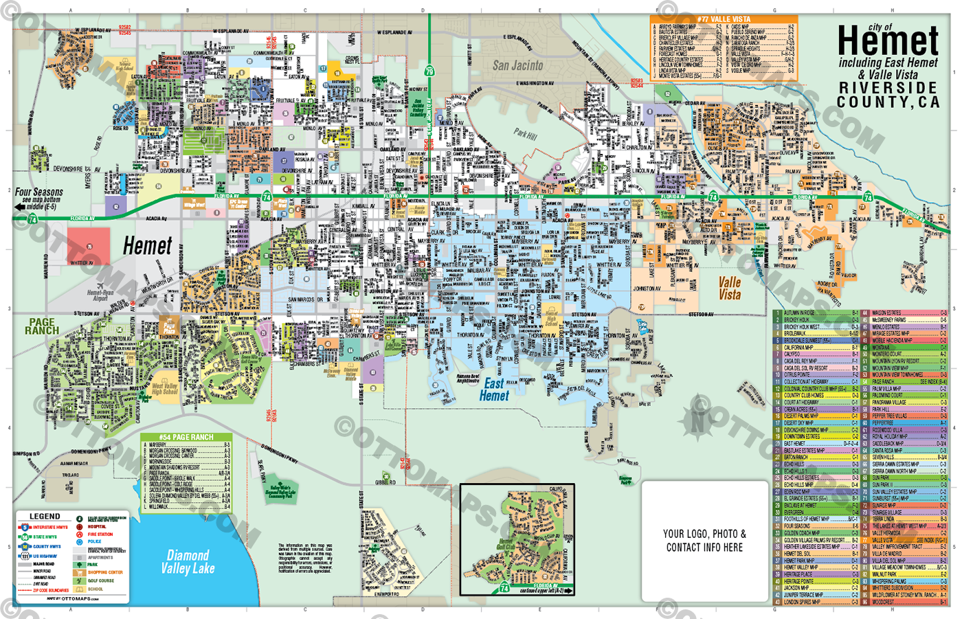 Hemet Map, Riverside County, CA - FILES - PDF and AI Files, editable, vector, royalty free with box