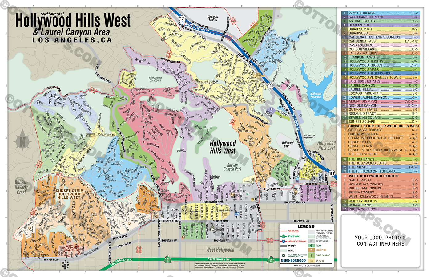 Hollywood Hills West Map and Laurel Canyon Area Map, Los Angeles, CA - FILES - PDF and AI Files, editable, vector, royalty free