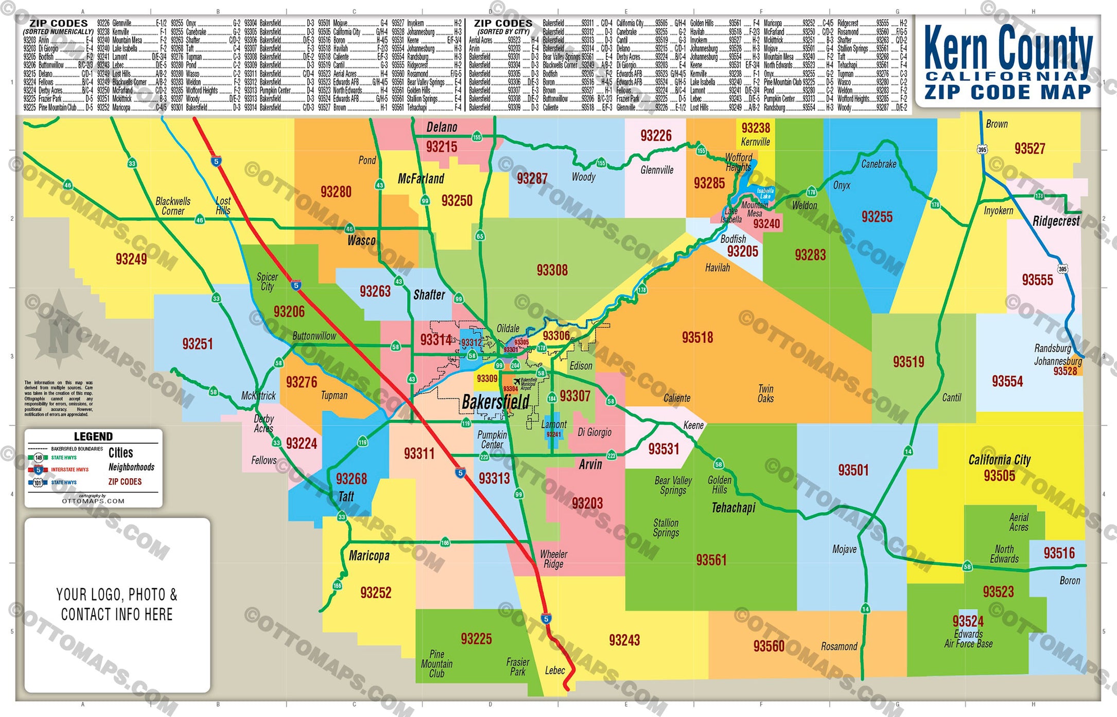 Kern County Zip Code Map - FILES - PDF and AI Files, editable, vector, royalty free