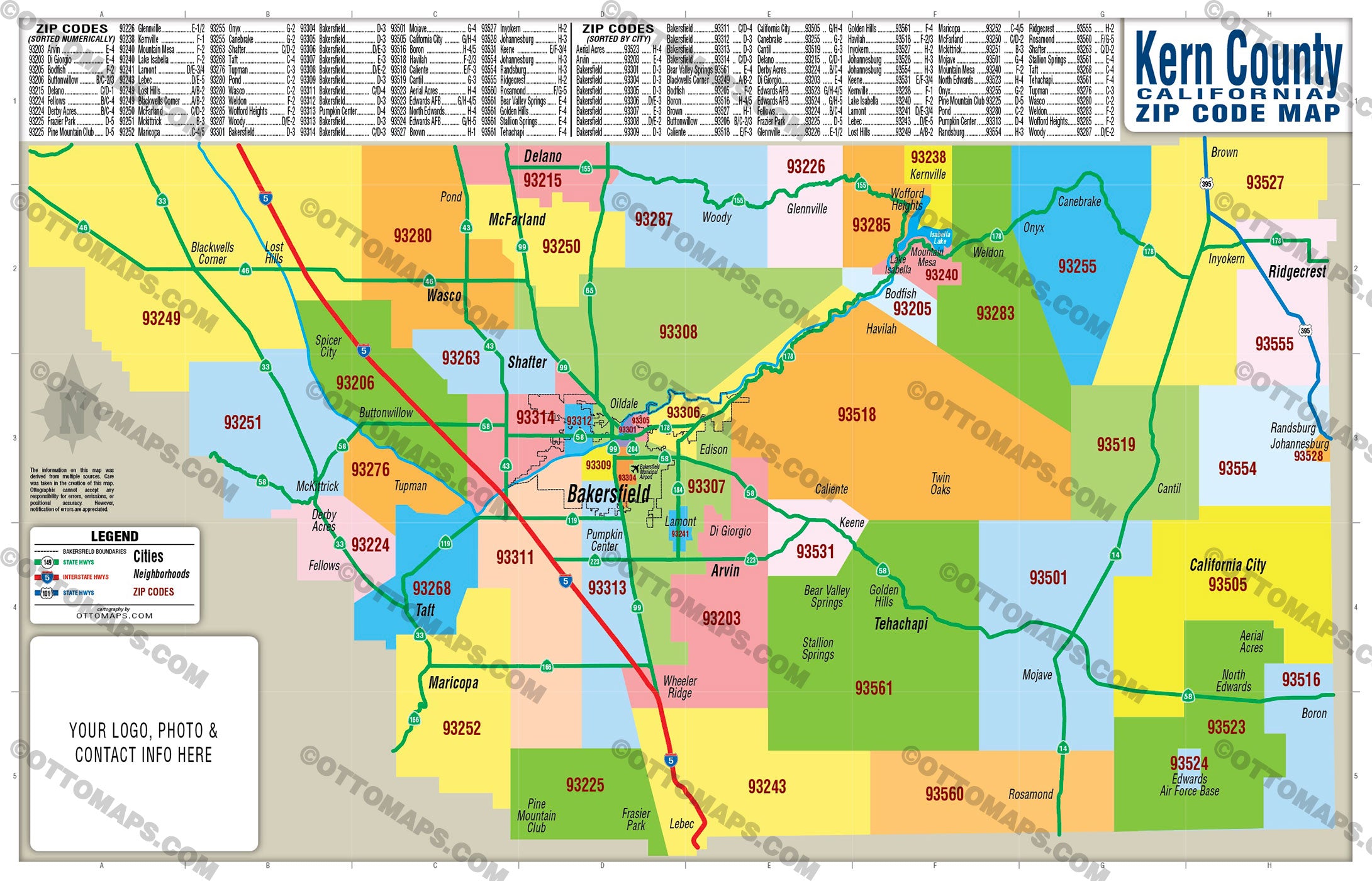 Kern County Zip Code Map - FILES - PDF and AI Files, editable, vector, royalty free