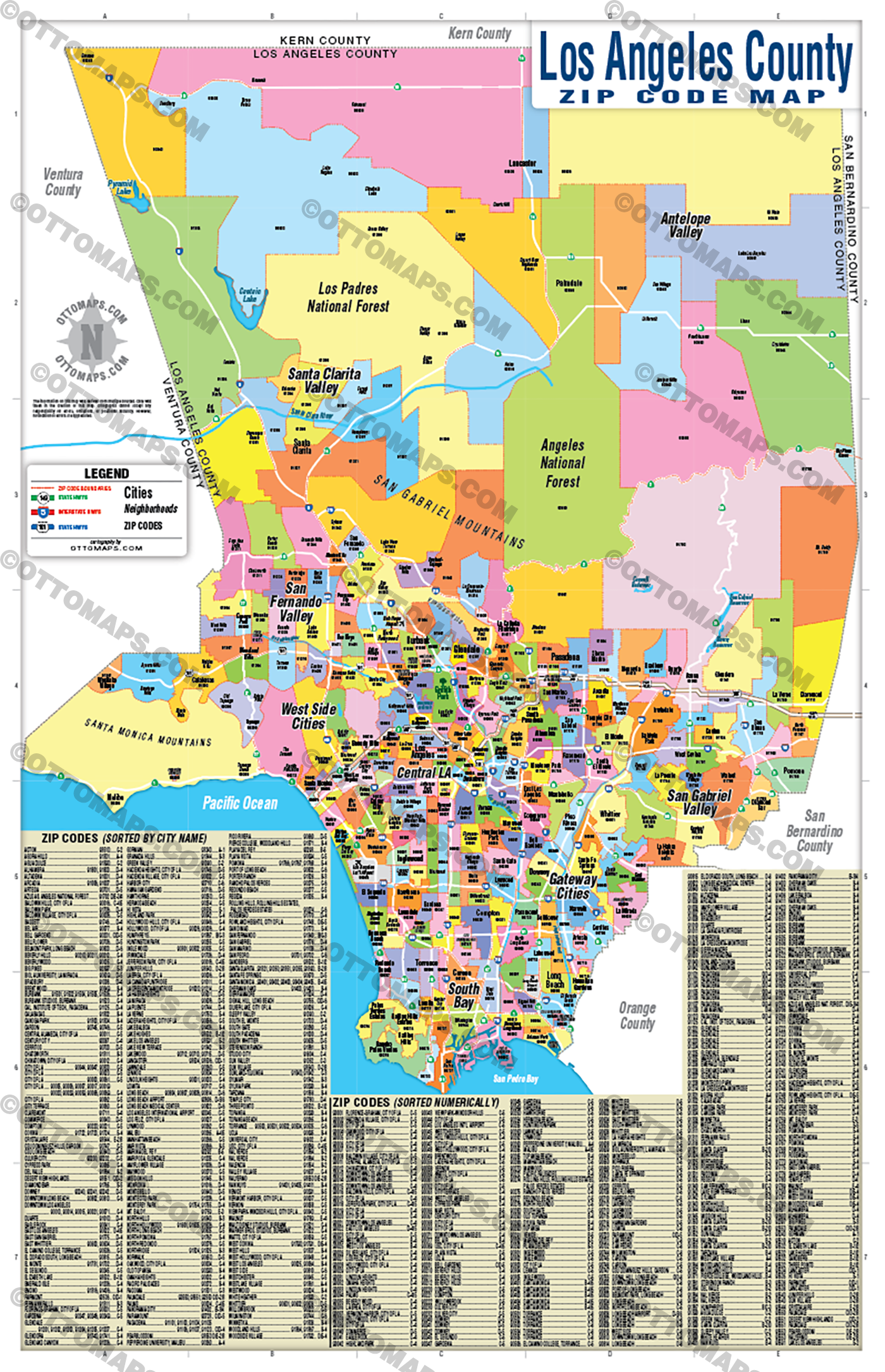 Los Angeles Zip Code Map - FULL (Zip Codes Colored) - FILES - PDF and AI, editable, vector, royalty free