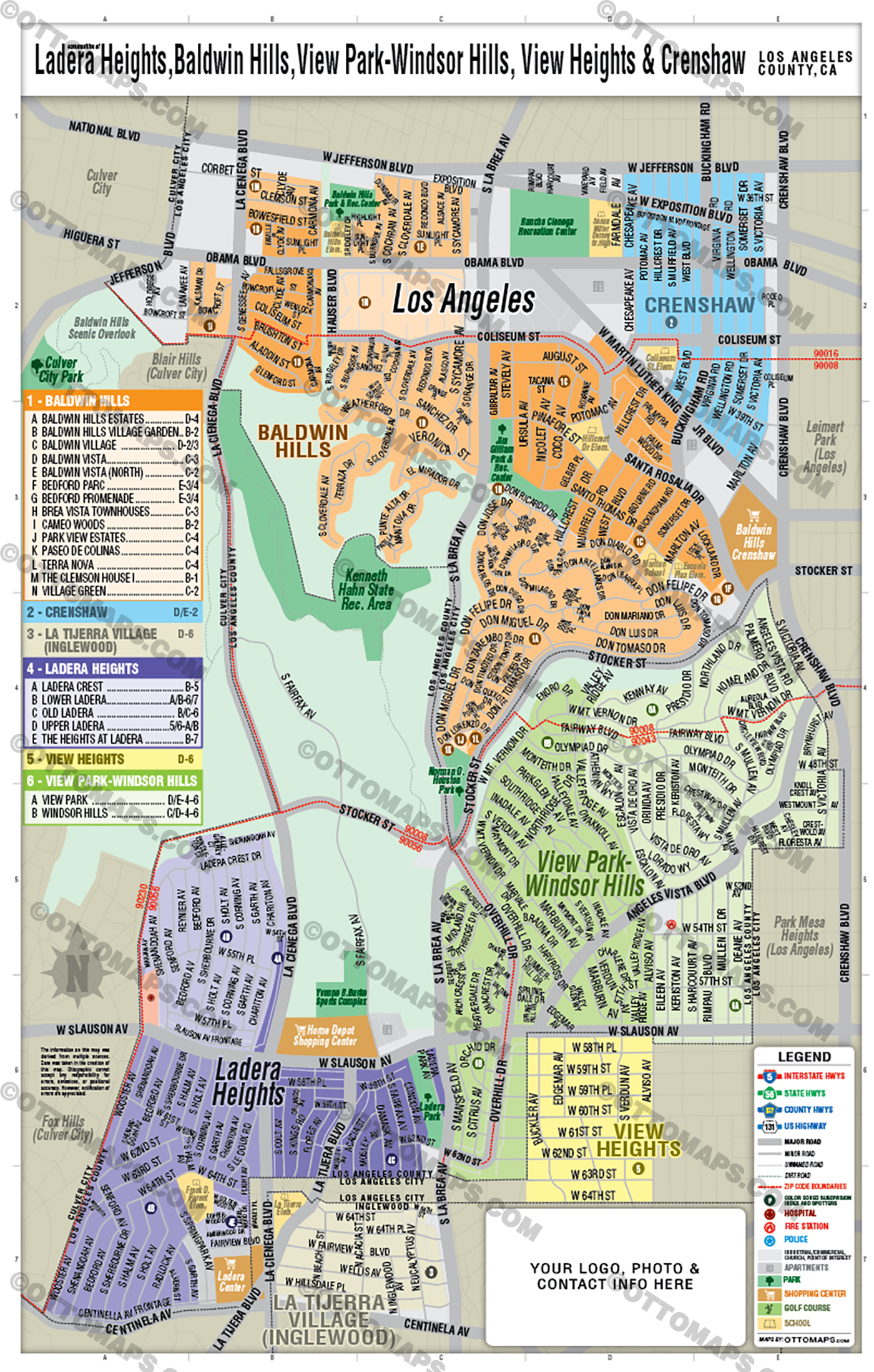 Ladera Heights, Baldwin Hills, View Park-Windsor Hills, View Heights and Crenshaw Map, LA County, CA - FILES - PDF and AI Files, editable, vector, royalty free