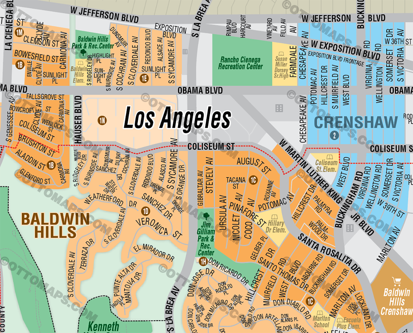 Ladera Heights, Baldwin Hills, View Park-Windsor Hills, View Heights and Crenshaw Map, LA County, CA - FILES - PDF and AI Files, editable, vector, royalty free