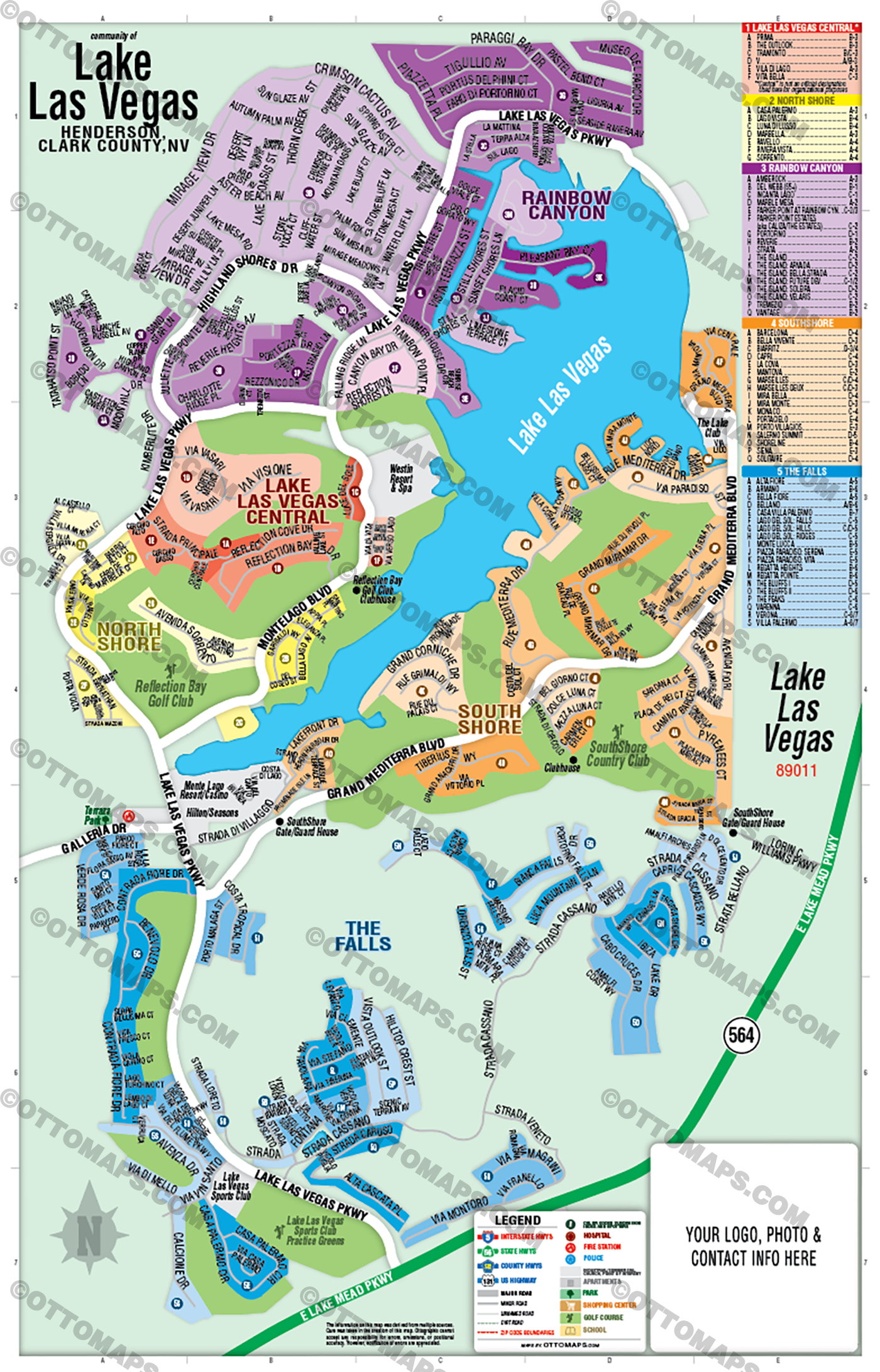 Lake Las Vegas Map, Henderson, Clark County, NV - FILES - PDF and AI, editable, vector, royalty free - with box