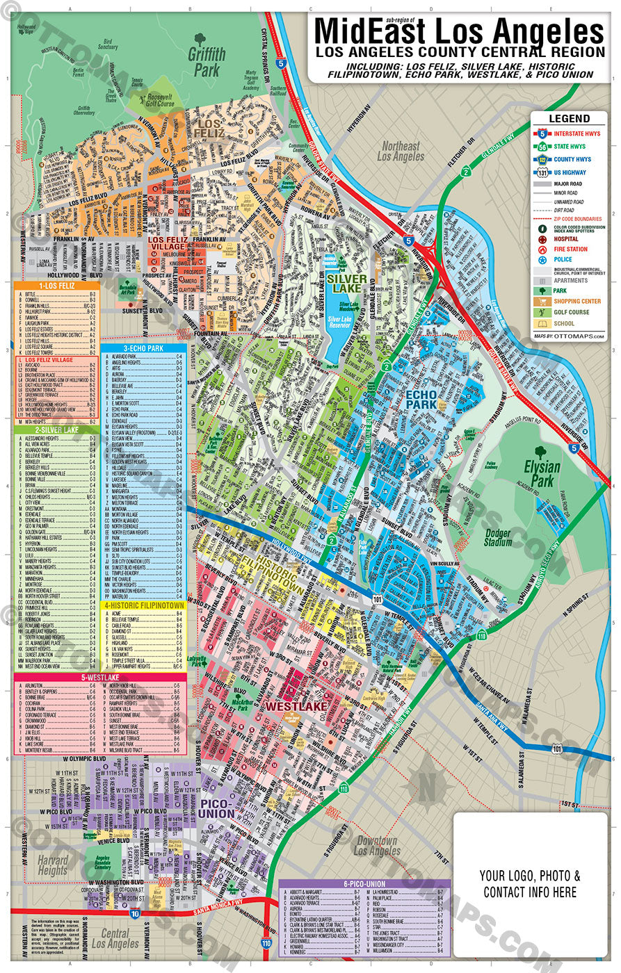 MidEast Los Angeles Map - with Silverlake, Los Feliz, Historic Filipinotown, Westlake and Pico-Union - FILES - PDF and AI, editable, vector, royalty free