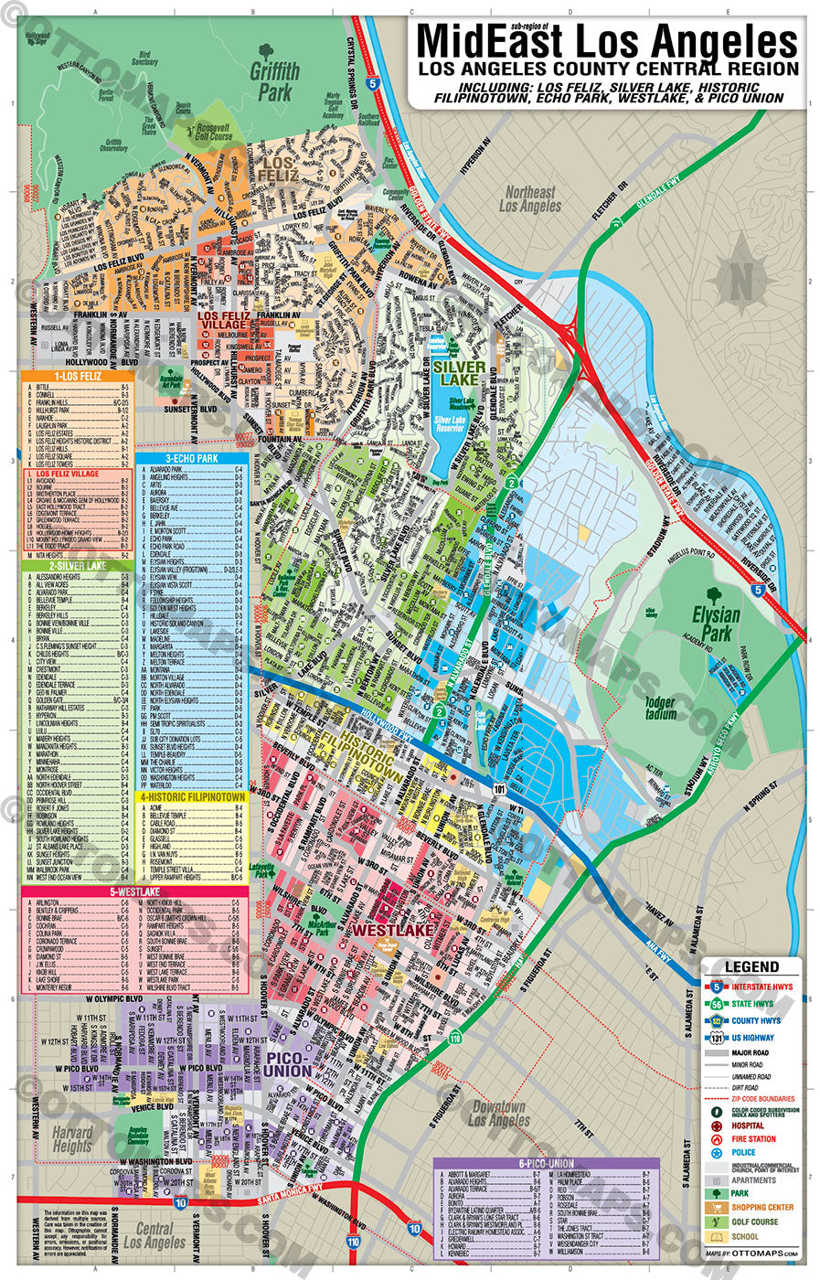 MidEast Los Angeles Map - with Silverlake, Los Feliz, Historic Filipinotown, Westlake and Pico-Union - FILES - PDF and AI, editable, vector, royalty free
