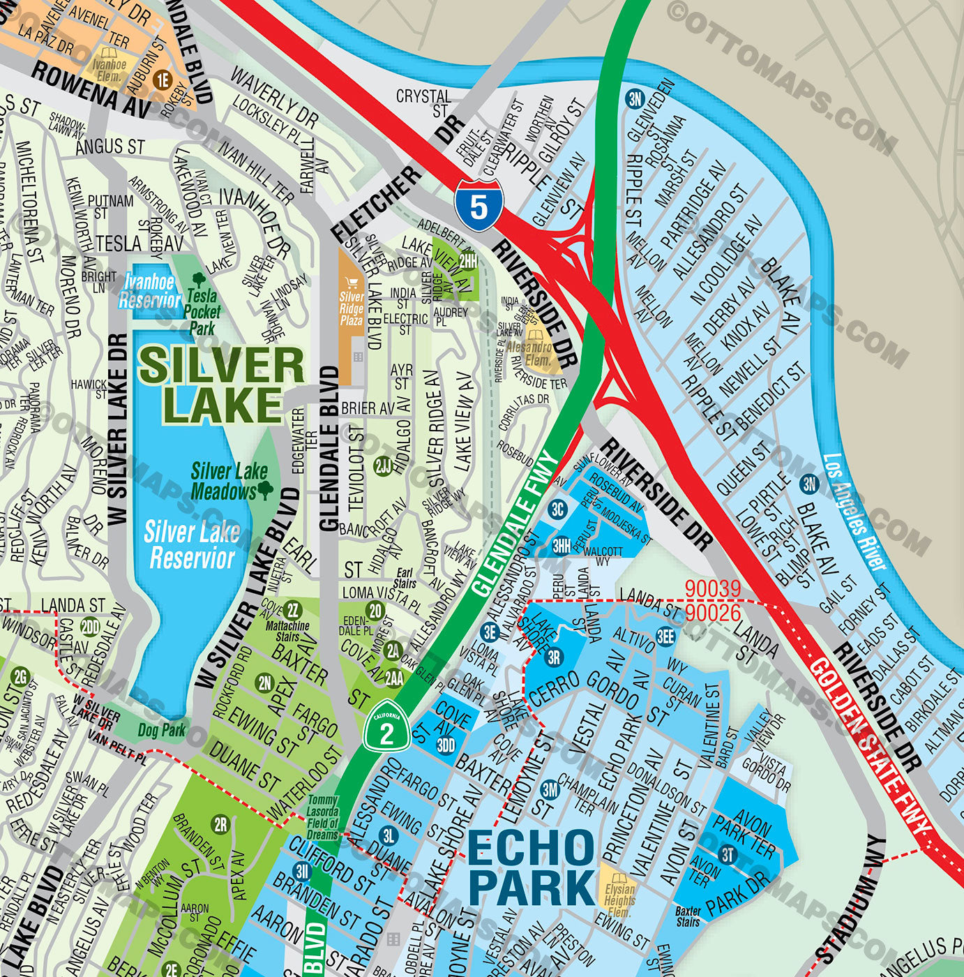 MidEast Los Angeles Map - with Silverlake, Los Feliz, Historic Filipinotown, Westlake and Pico-Union - FILES - PDF and AI, editable, vector, royalty free