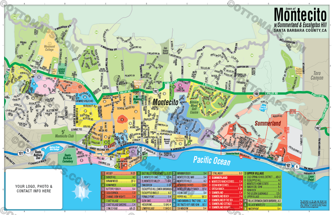 Montecito Map with Summerland and Eucalyptus Hills - Santa Barbara County, CA - FILES - PDF and AI, editable, vector, royalty free