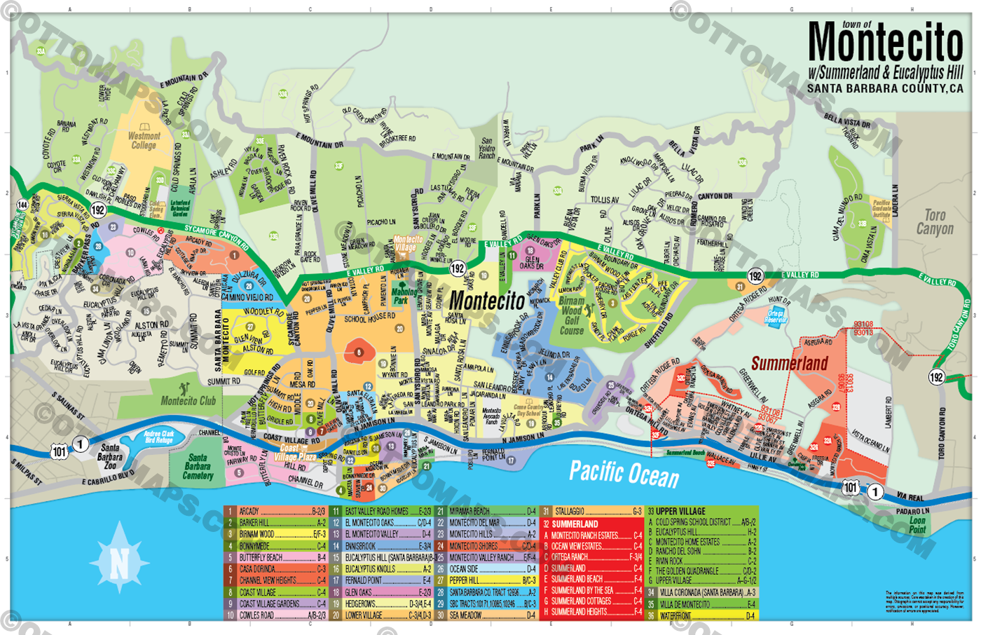 Montecito Map with Summerland and Eucalyptus Hills - Santa Barbara County, CA - FILES - PDF and AI, editable, vector, royalty free