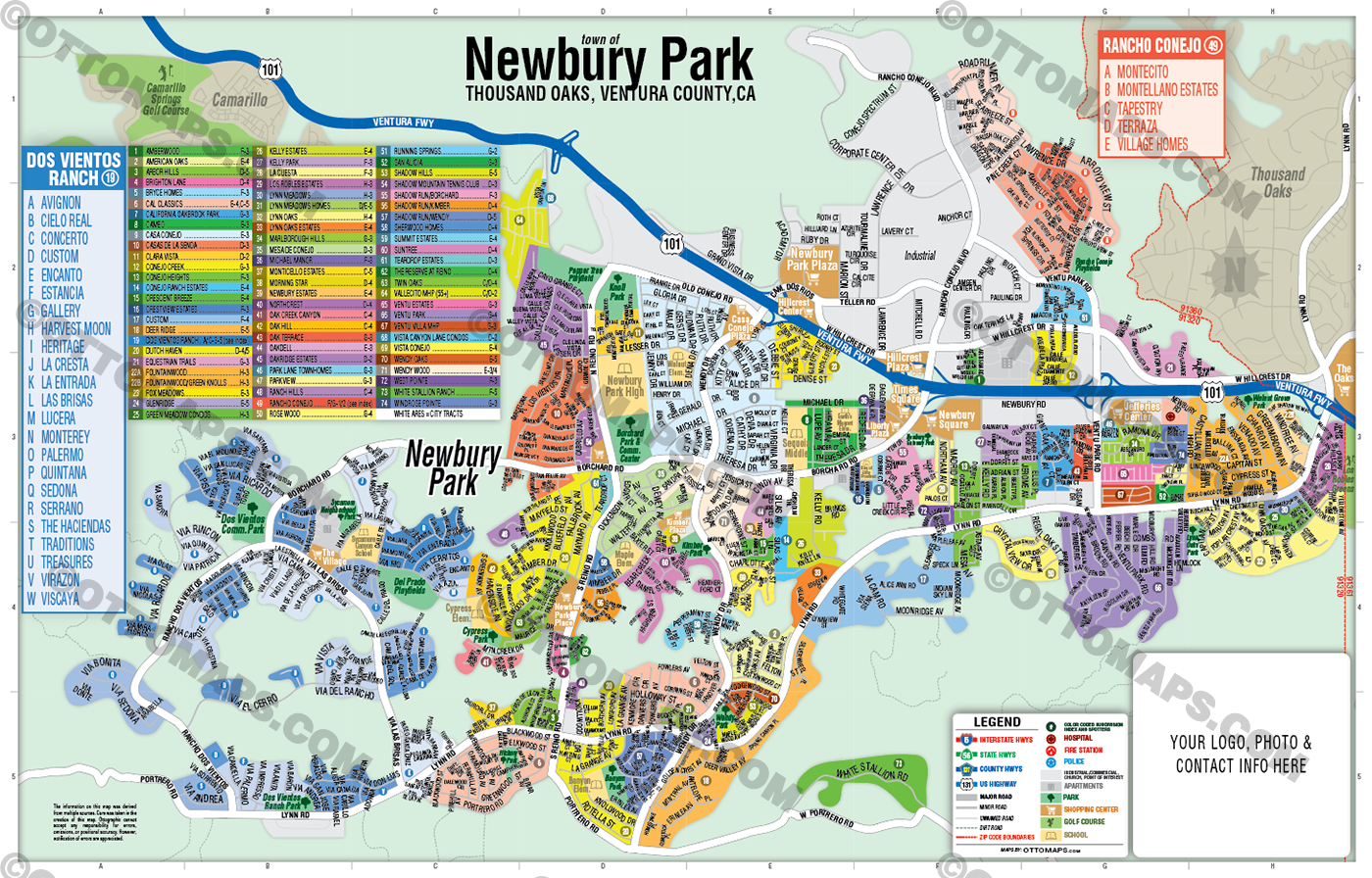 Newbury Park Map, Thousand Oaks, Ventura County, CA - FILES - PDF and AI, editable, vector, royalty free - with box