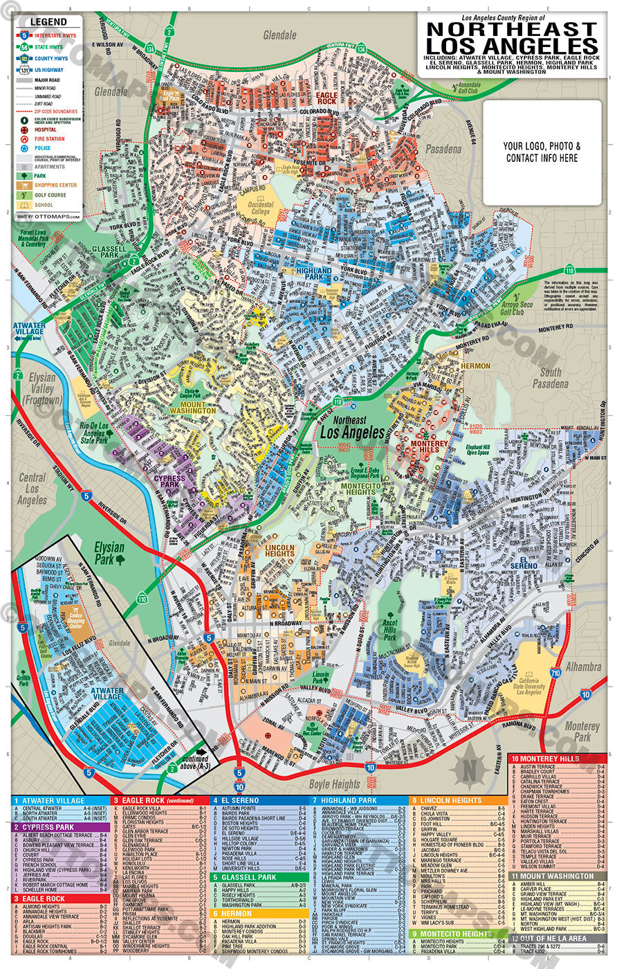 Northeast Los Angeles Map with Neighborhoods and Subdivisions - PDF, editable, royalty free