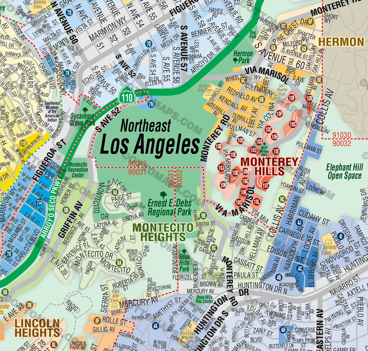 Northeast Los Angeles Map with Neighborhoods and Subdivisions - PDF, editable, royalty free