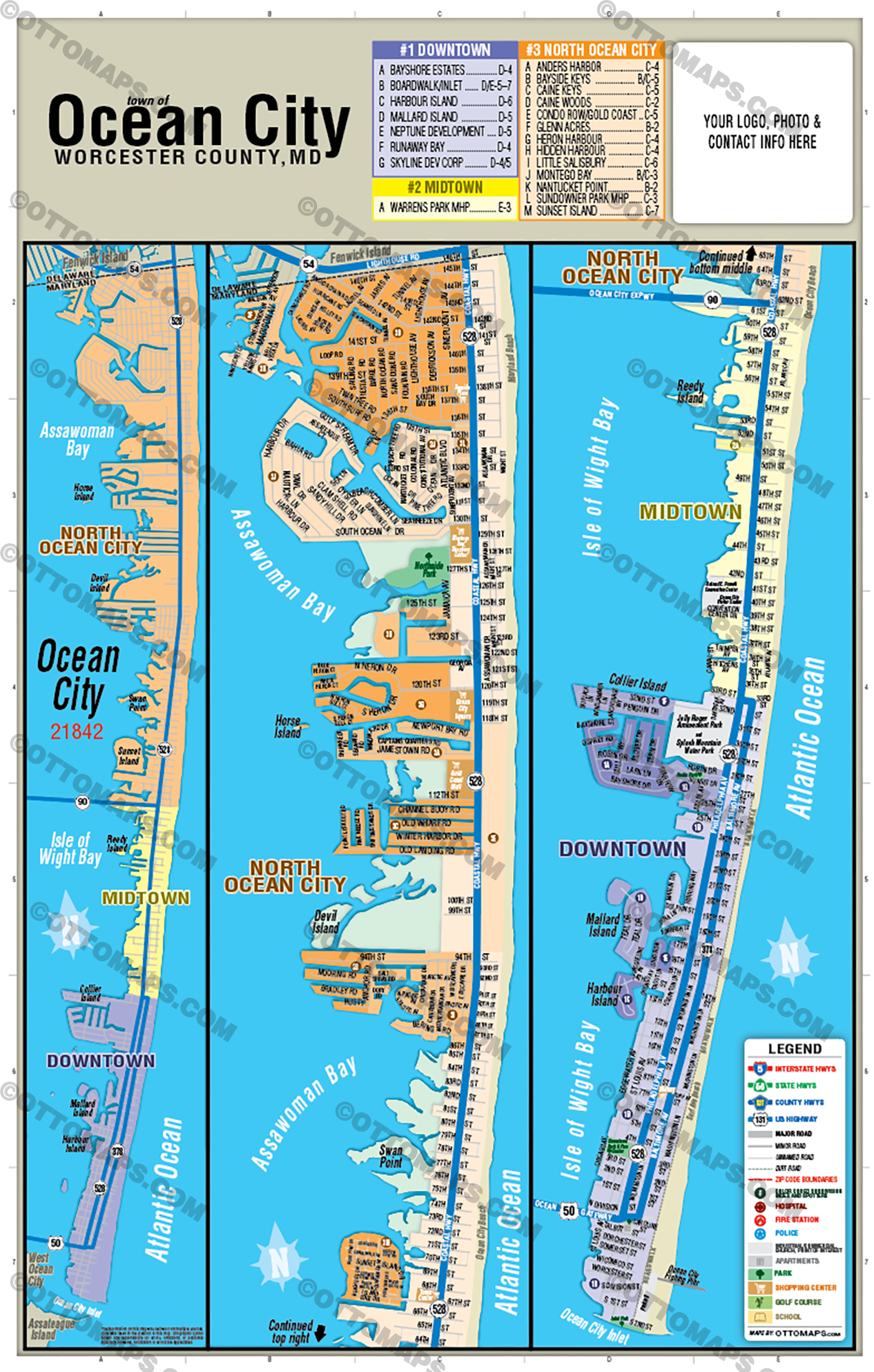 Map of Ocean City, Worcester County, MD with various sections labeled. FILES - PDF and AI Files, editable, vector, royalty free - with box