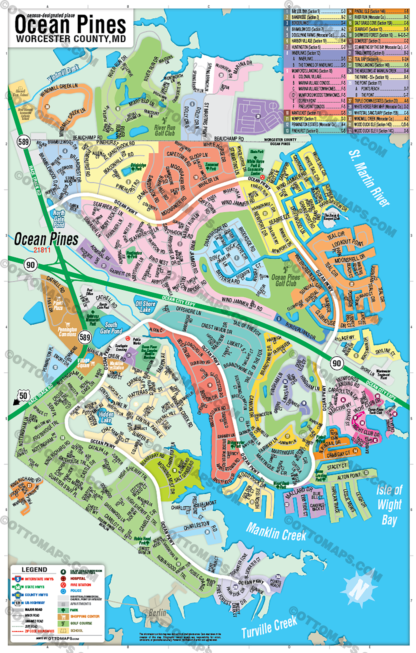 Ocean Pines Map, Worcester County, MD - POSTER PRINTS
