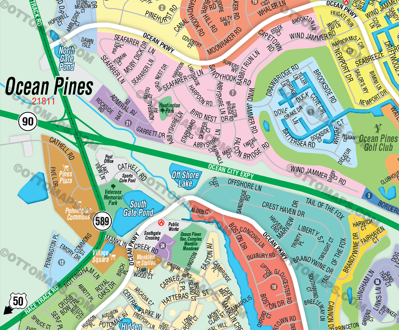 Ocean Pines Map, Worcester County, MD - FILES - PDF and AI Files, editable, vector, royalty free zoom