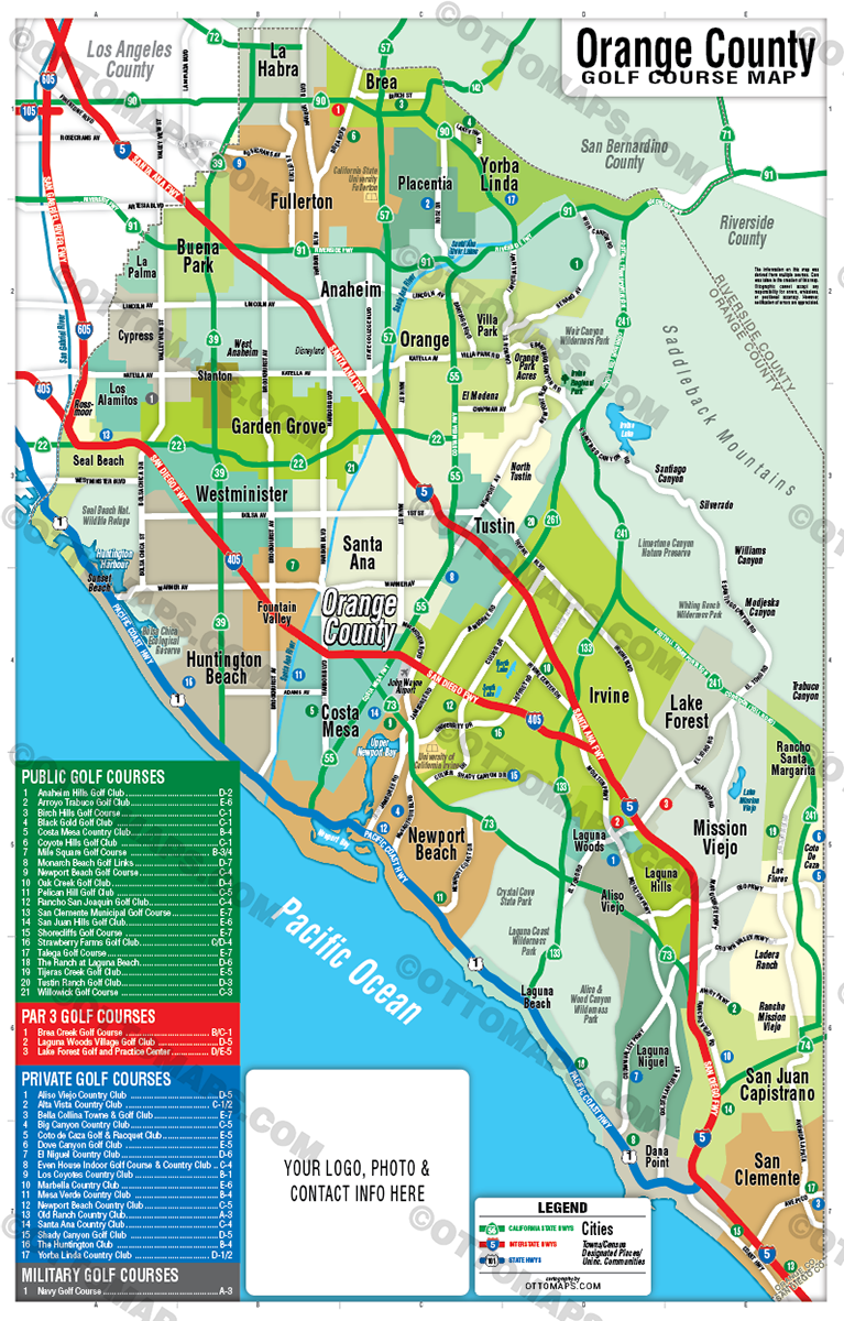 Orange County Golf Map - FILES - PDF and AI, editable, layered, vector, royalty free - with box