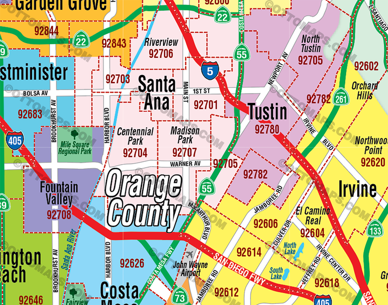 Orange County Zip Code Map - Cities colorized - FILES - PDF and AI Files, editable, vector, royalty free