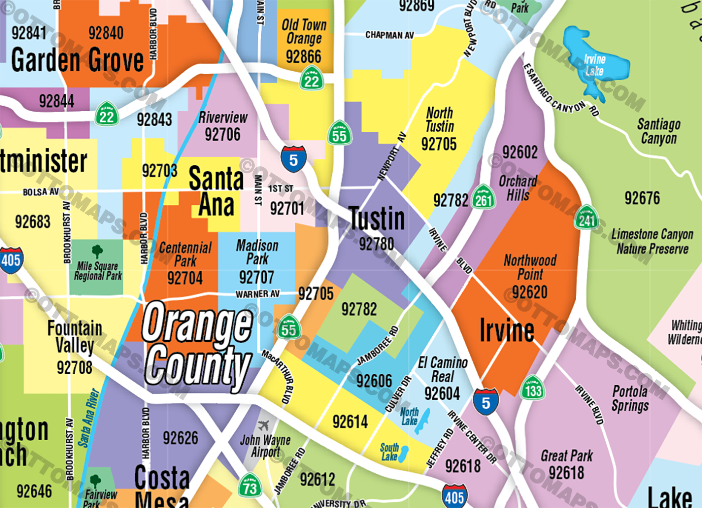 Orange County Zip Code Map - Zip Codes Colorized - FILES - PDF and AI Files, editable, vector, royalty free zoomed