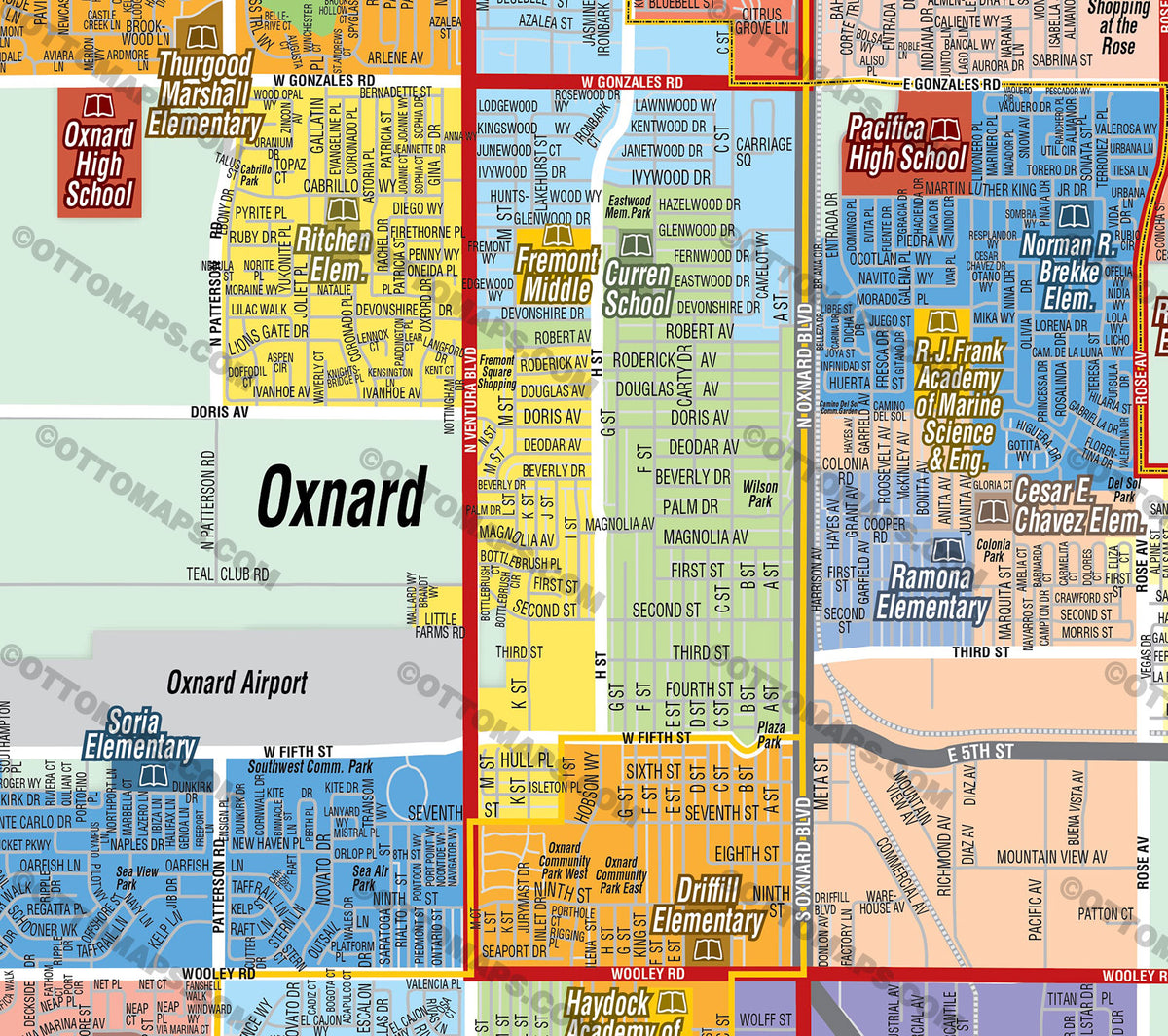 Oxnard School District Map including Oxnard, Rio, Hueneme & Ocean Vi