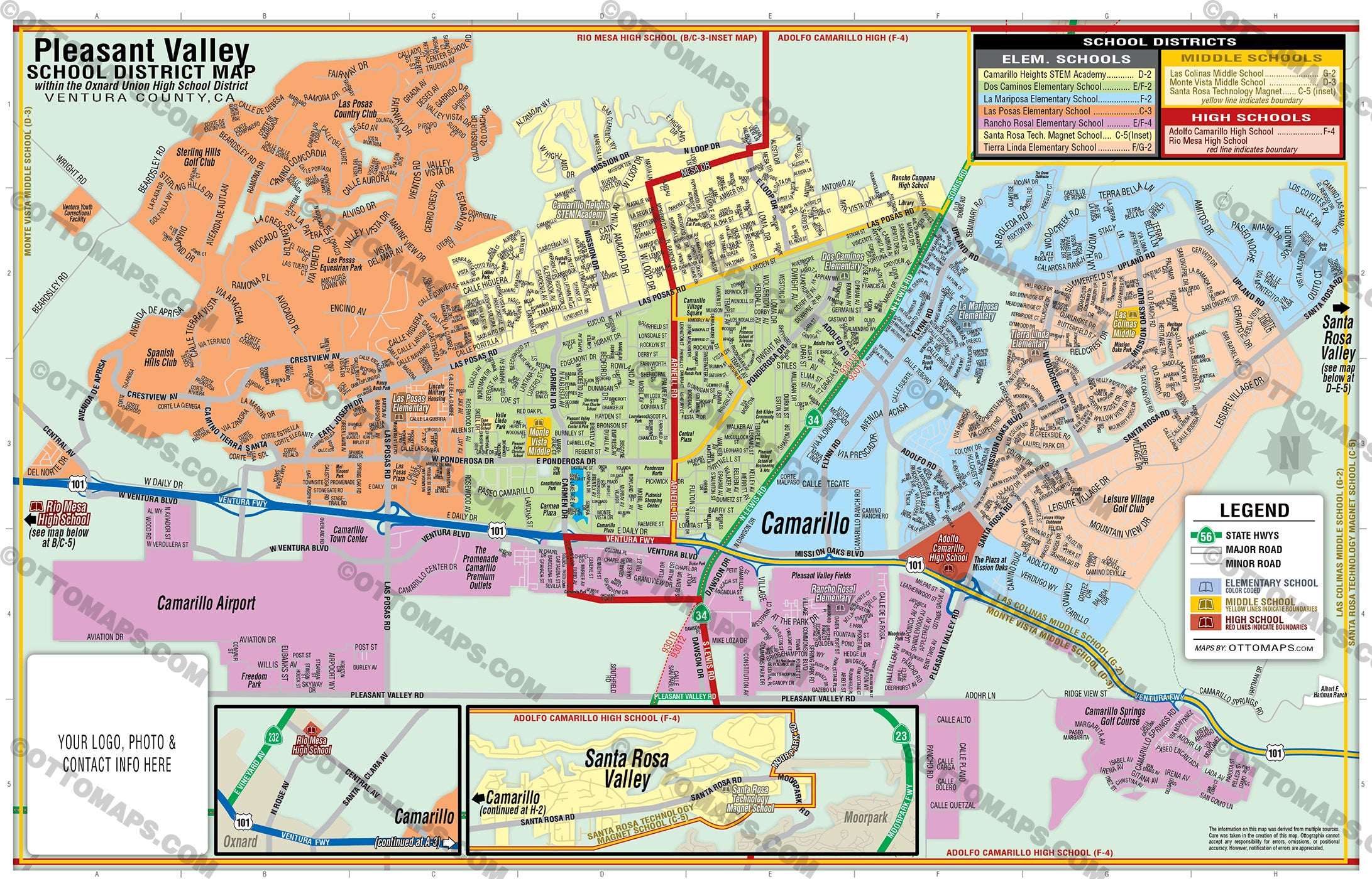 Pleasant Valley School District Map including Camarillo and Santa Rosa Valley - PDF, editable, royalty free