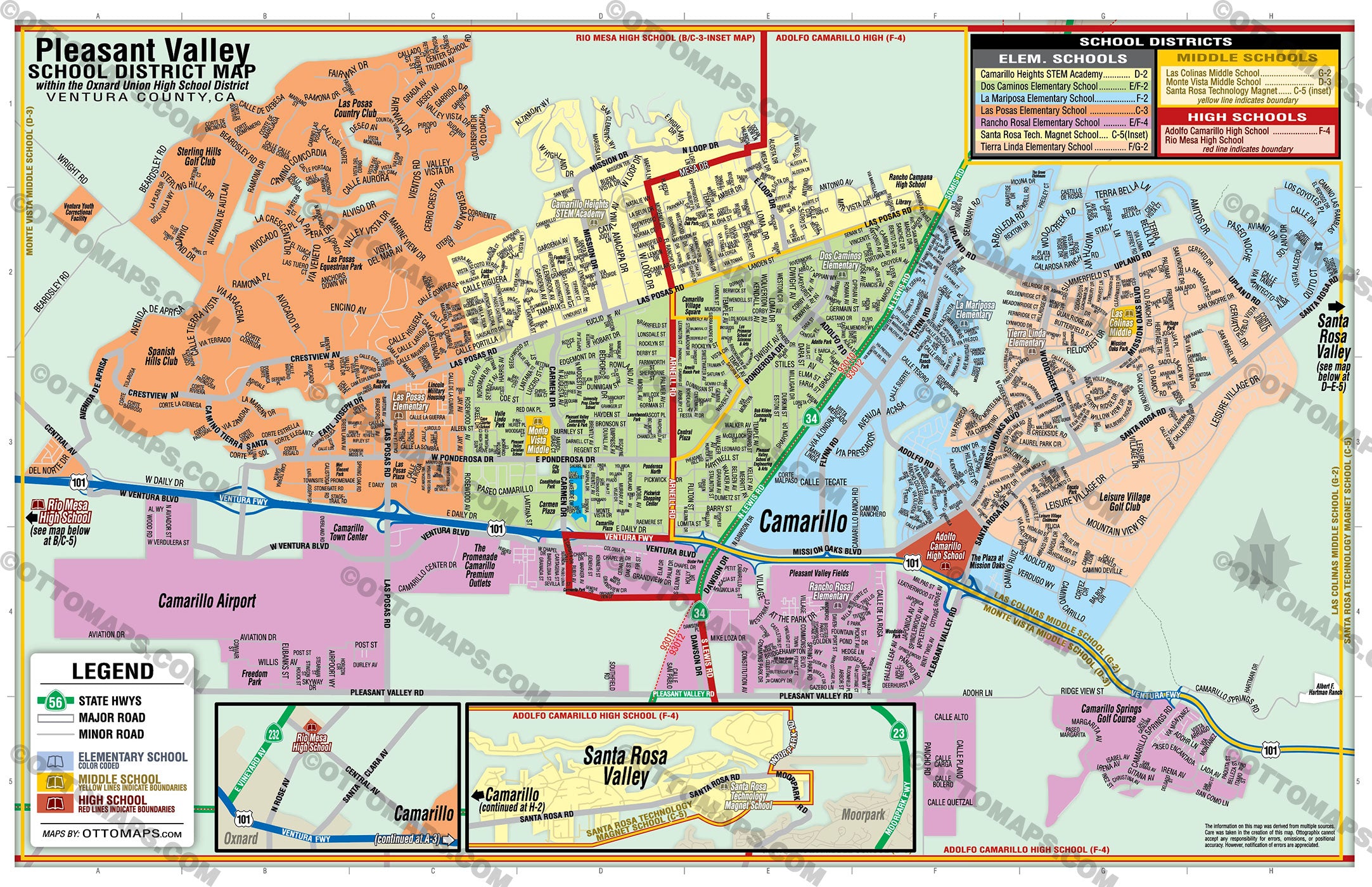 Pleasant Valley School District Map including Camarillo and Santa Rosa Valley - PDF, editable, royalty free
