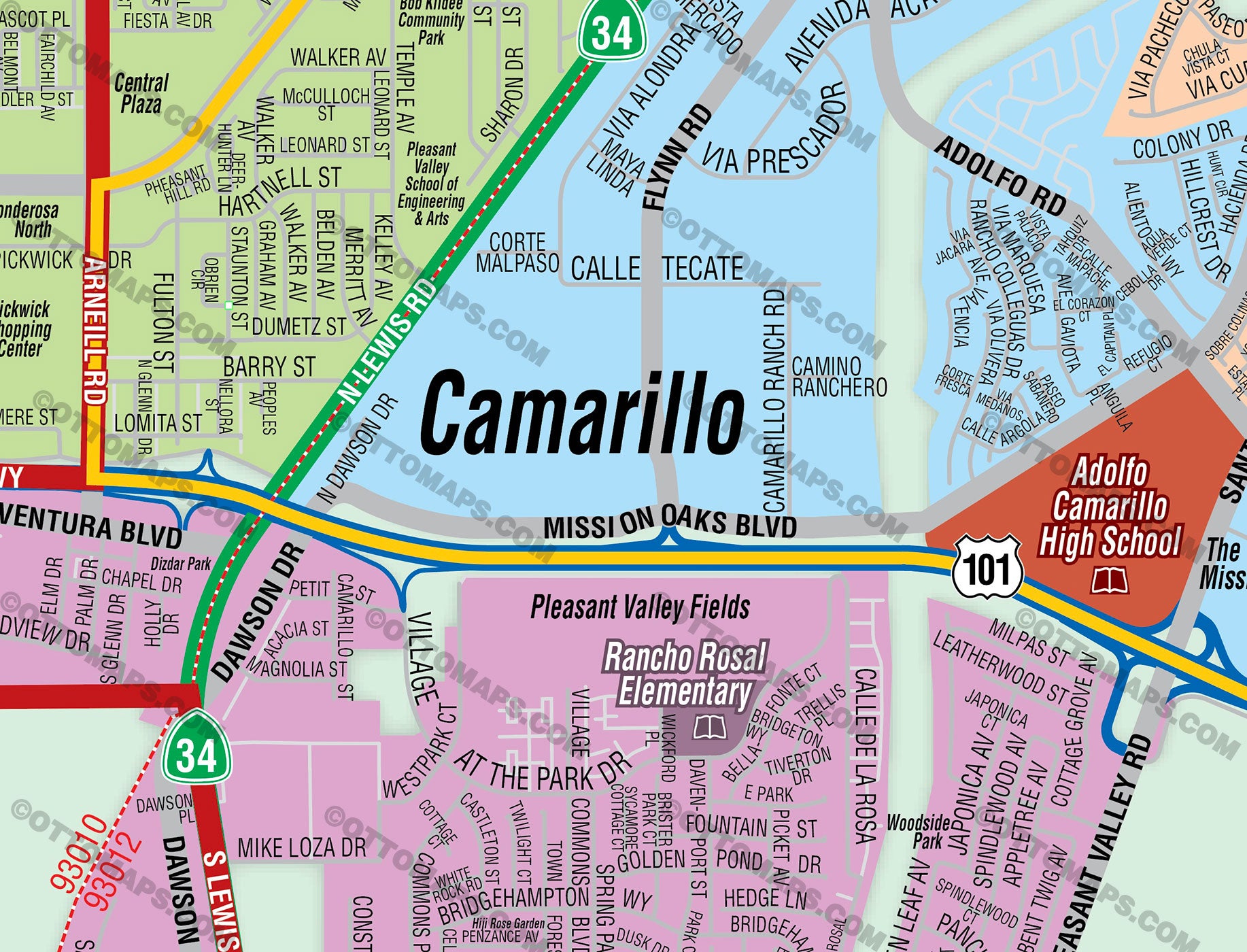 Pleasant Valley School District Map including Camarillo and Santa Rosa Valley - PDF, editable, royalty free
