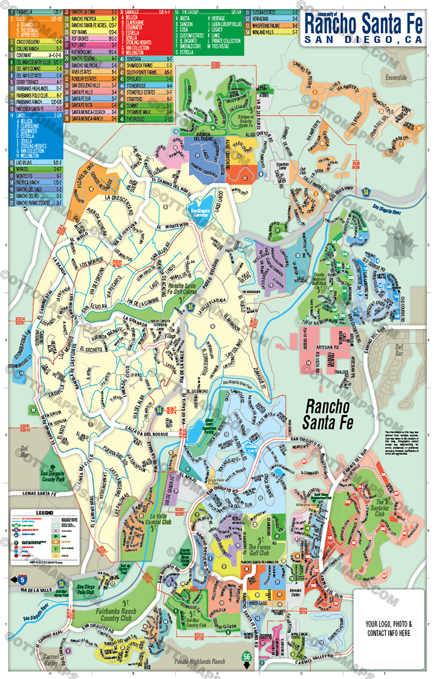 Rancho Santa Fe Map, San Diego County, CA - FILES - PDF and AI, editable, vector, royalty free